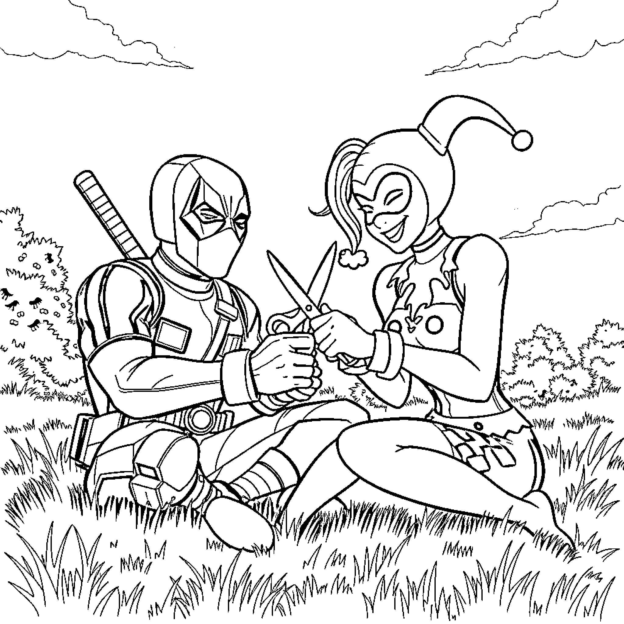 Deadpool and Harley Quinn's Playful Antics Coloring Page (free black-and-white line drawing printable PDF for all, from beginners to advanced learners, including children, teens, adults, and seniors)