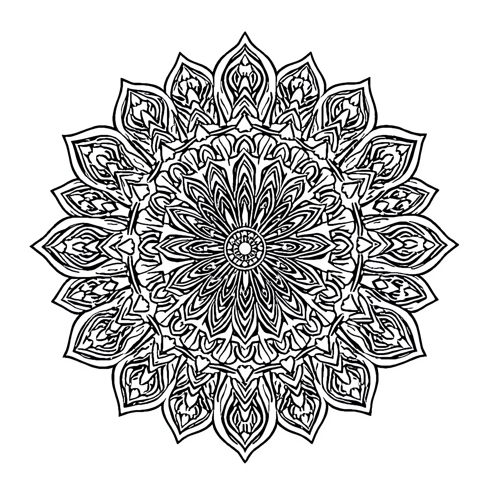 Mandalas of intricate floral patterns Coloring Page (free black-and-white line drawing printable PDF for all, from beginners to advanced learners, including children, teens, adults, and seniors)