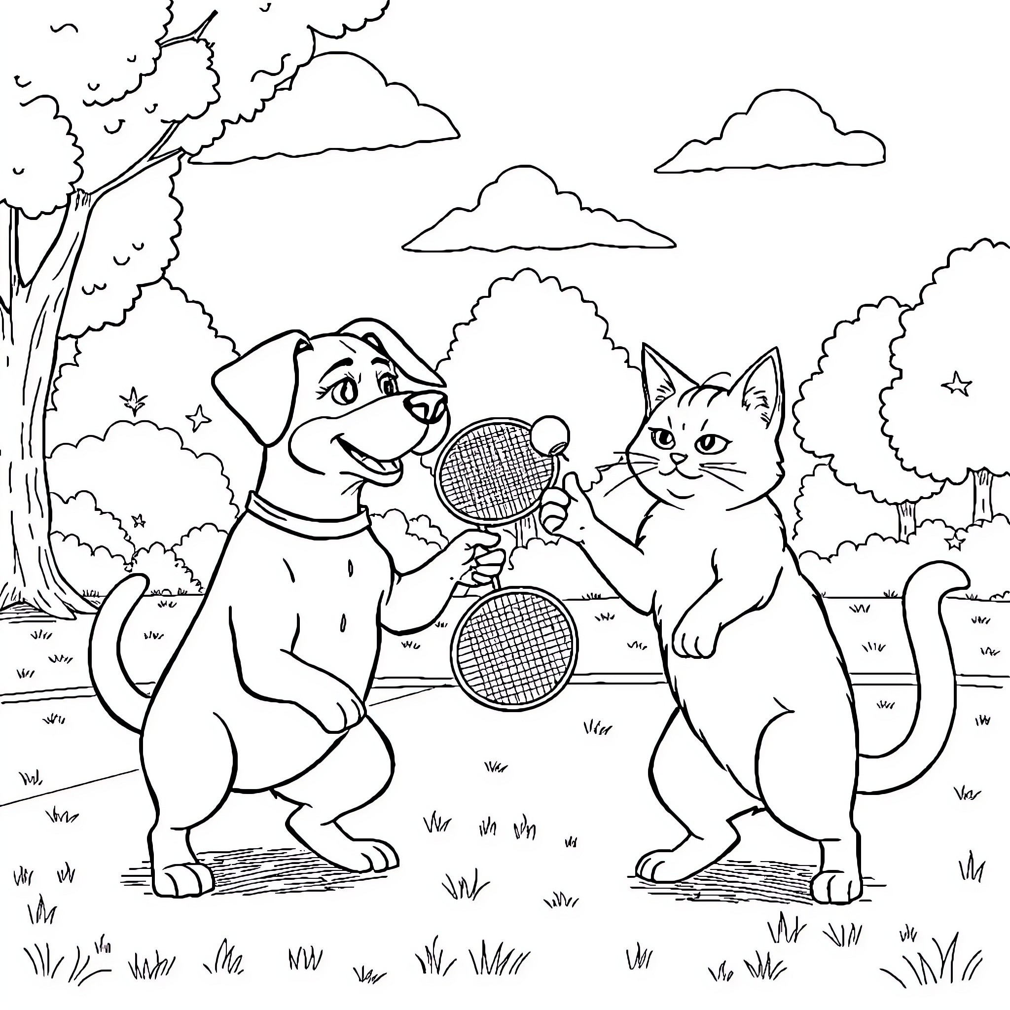 Dog and Cat Playing Tennis in the Park Coloring Page (free black-and-white line drawing printable PDF for all, from beginners to advanced learners, including children, teens, adults, and seniors)
