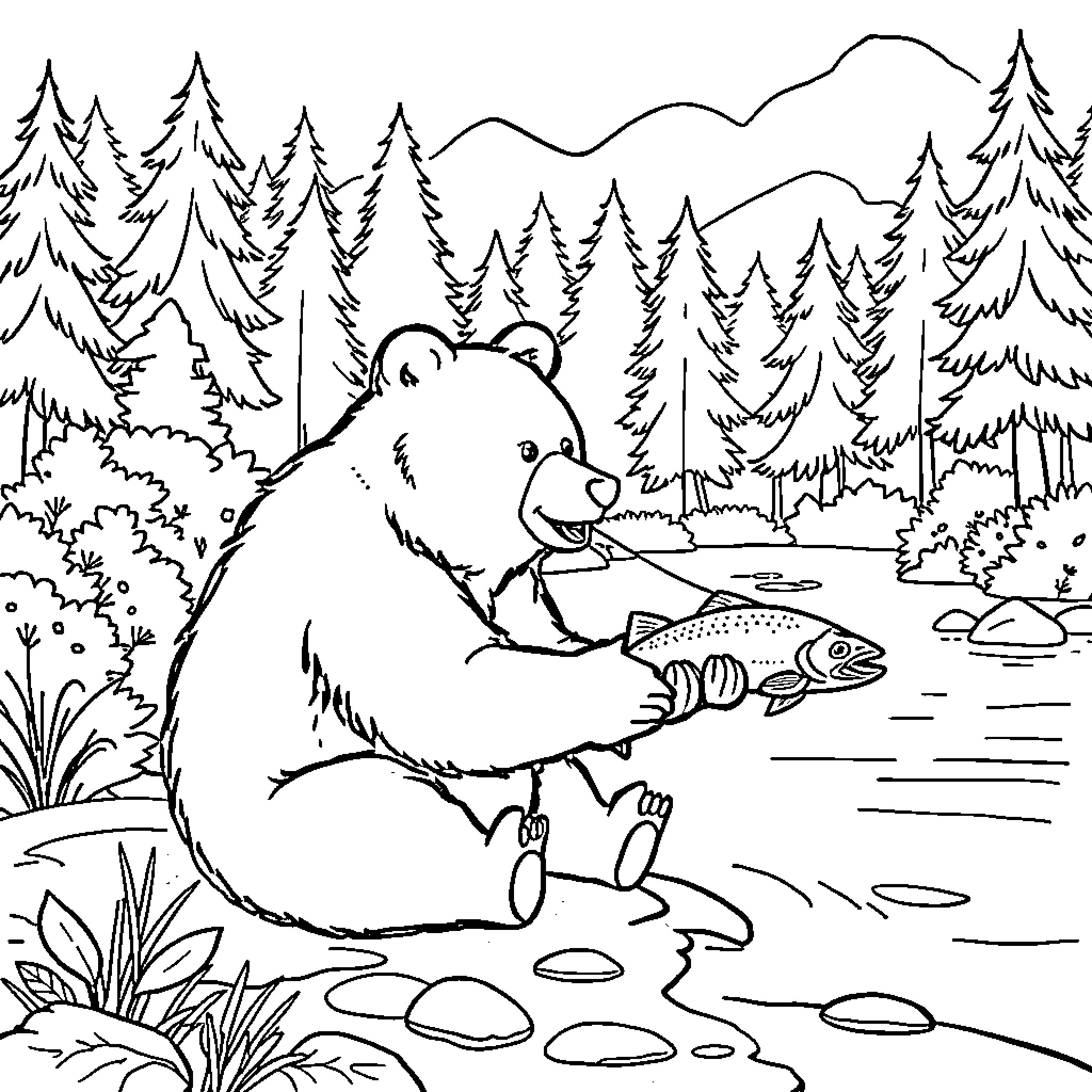 Bear fishing in the forest stream Coloring Page (free black-and-white line drawing printable PDF for all, from beginners to advanced learners, including children, teens, adults, and seniors)