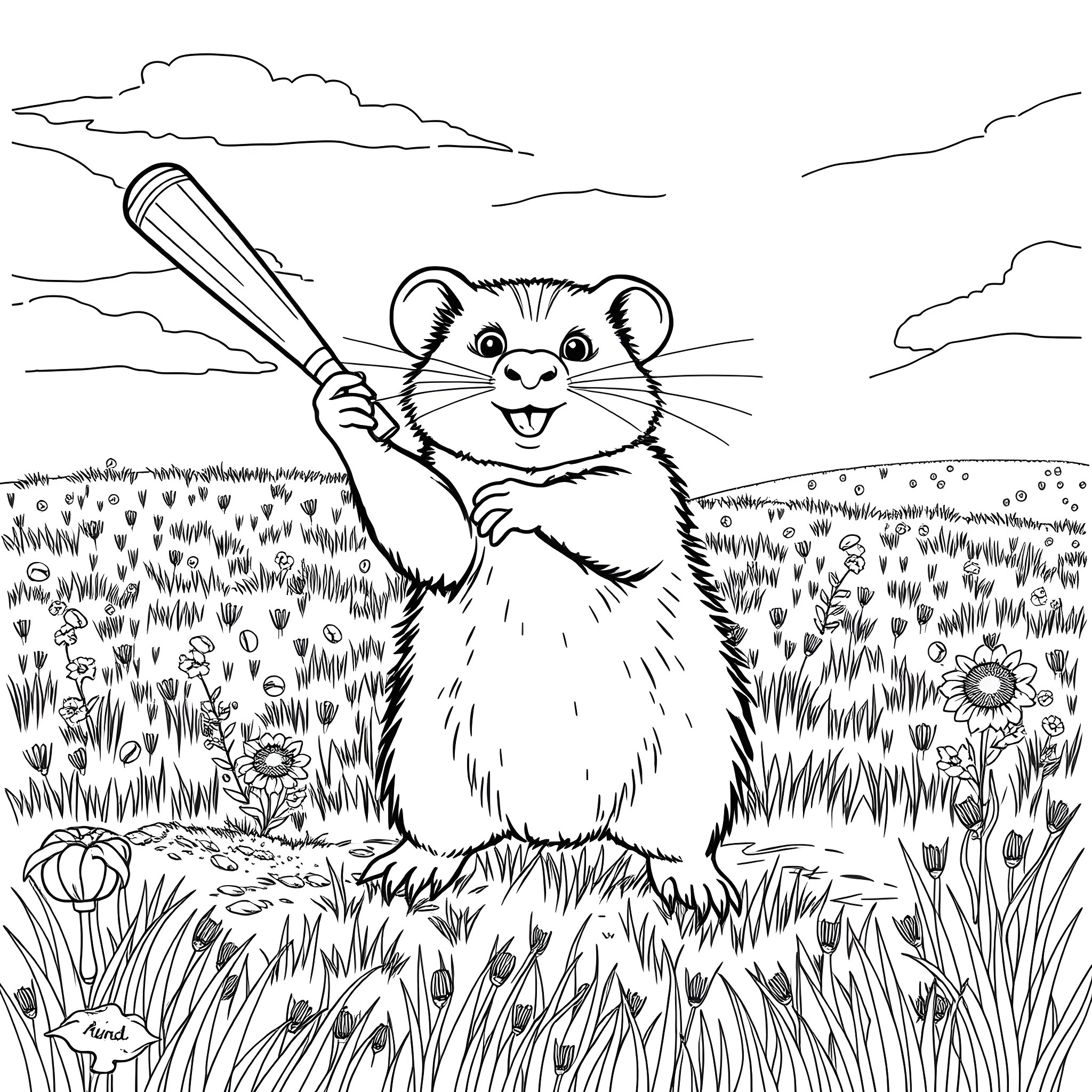 Wombat playing baseball in a grassy field Coloring Page (free black-and-white line drawing printable PDF for all, from beginners to advanced learners, including children, teens, adults, and seniors)