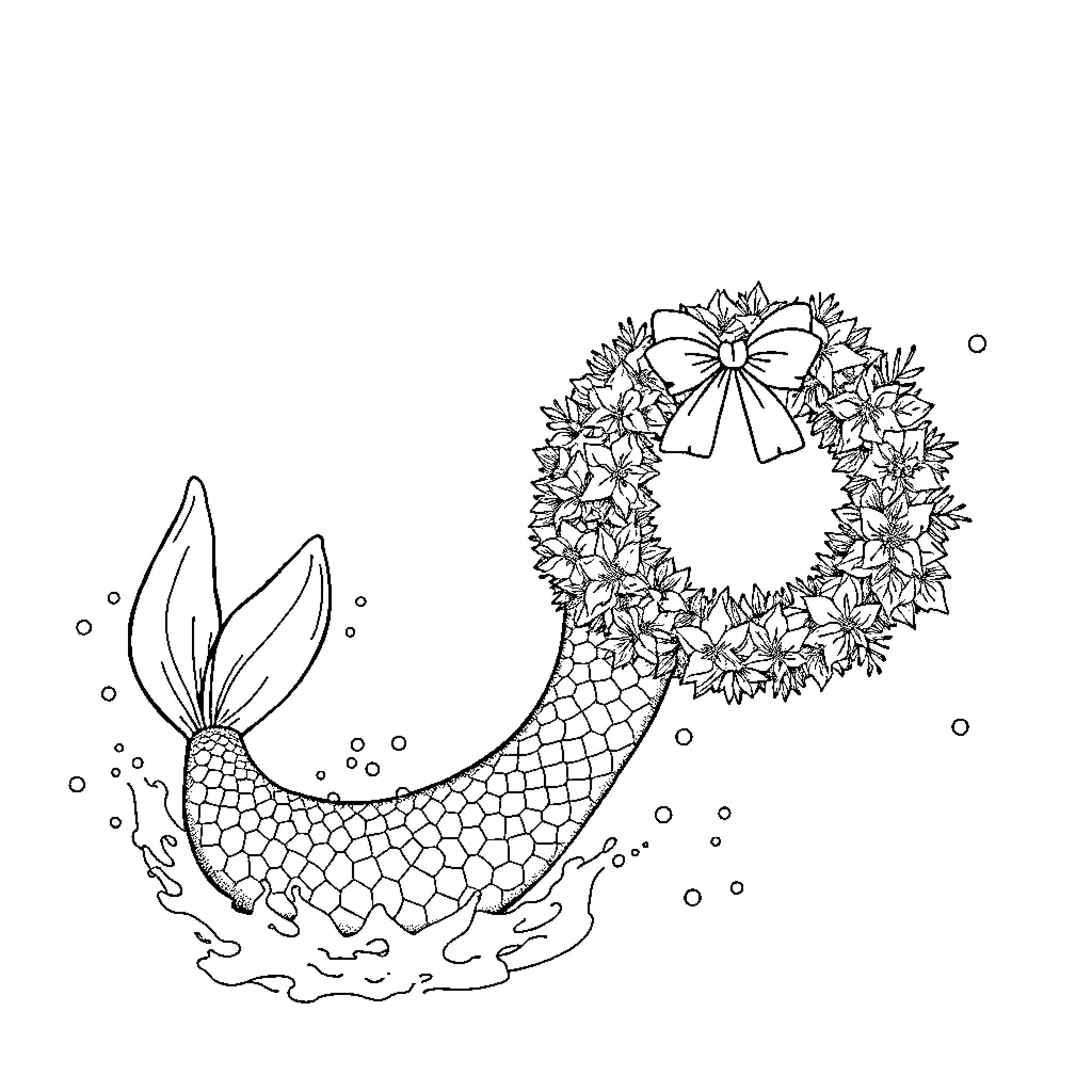 Mermaid with festive holiday wreath Coloring Page (free black-and-white line drawing printable PDF for all, from beginners to advanced learners, including children, teens, adults, and seniors)
