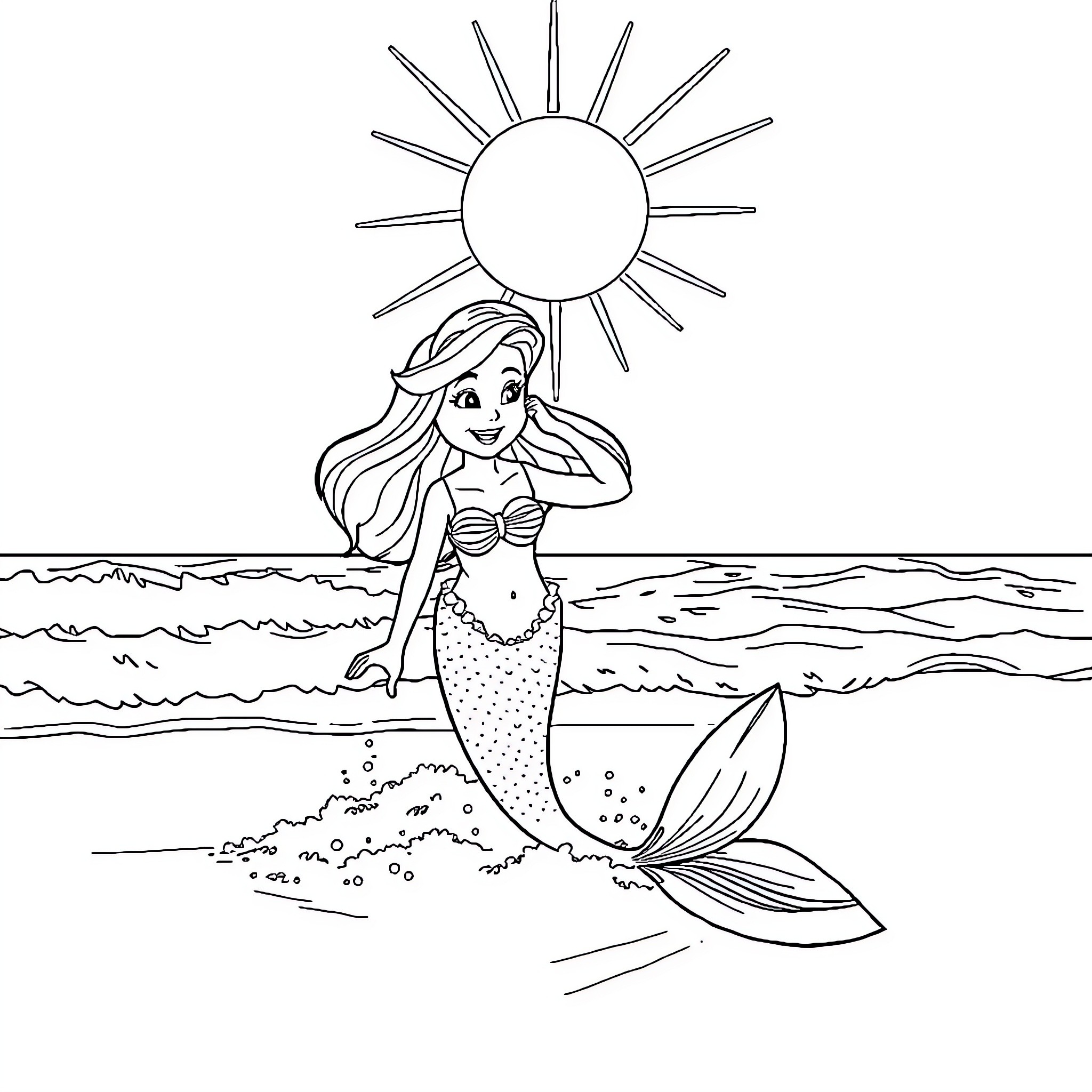 Ariel swimming joyfully in the sun-drenched sea Coloring Page (free black-and-white line drawing printable PDF for all, from beginners to advanced learners, including children, teens, adults, and seniors)