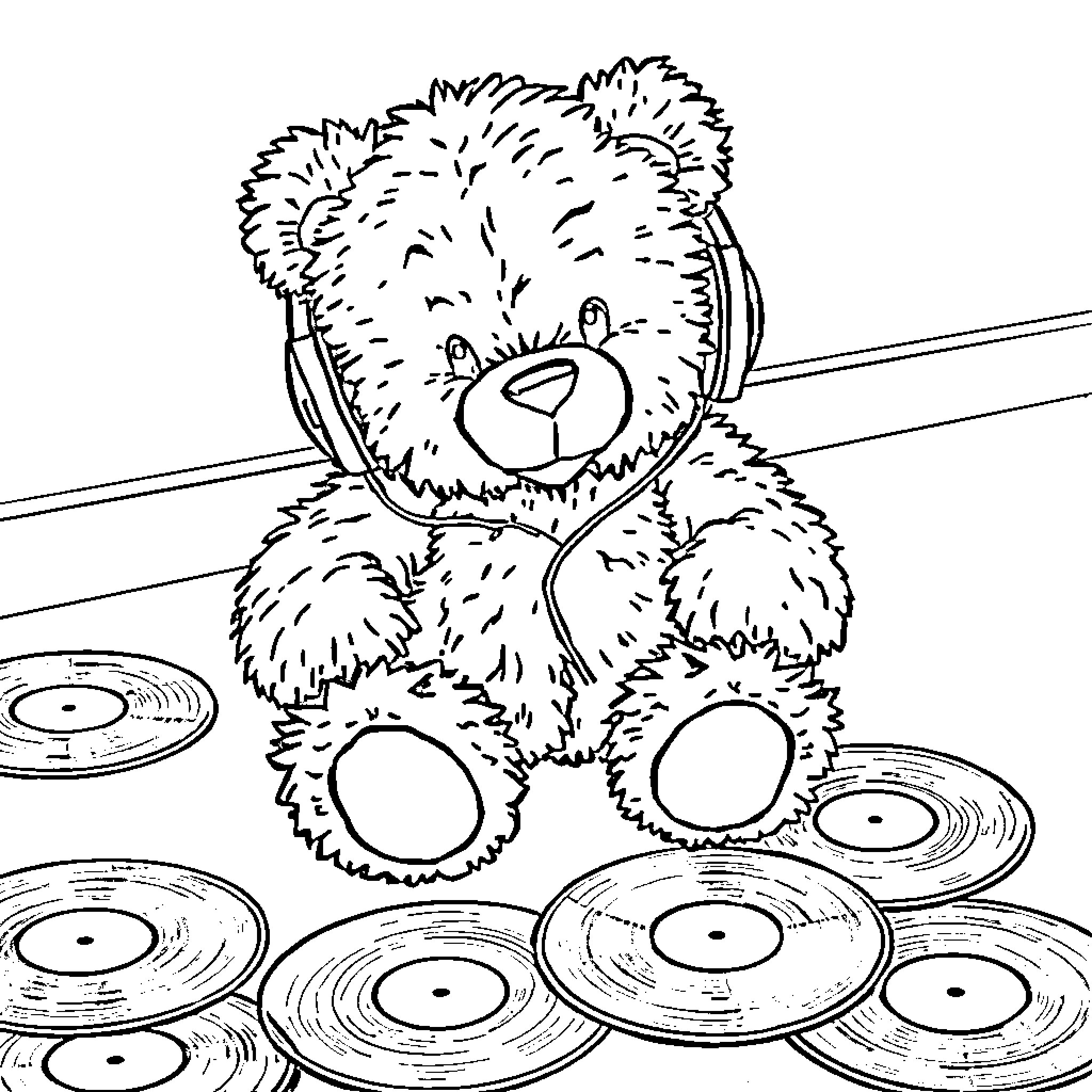 Teddy Bear Enjoying Music Records Coloring Page (free black-and-white line drawing printable PDF for all, from beginners to advanced learners, including children, teens, adults, and seniors)