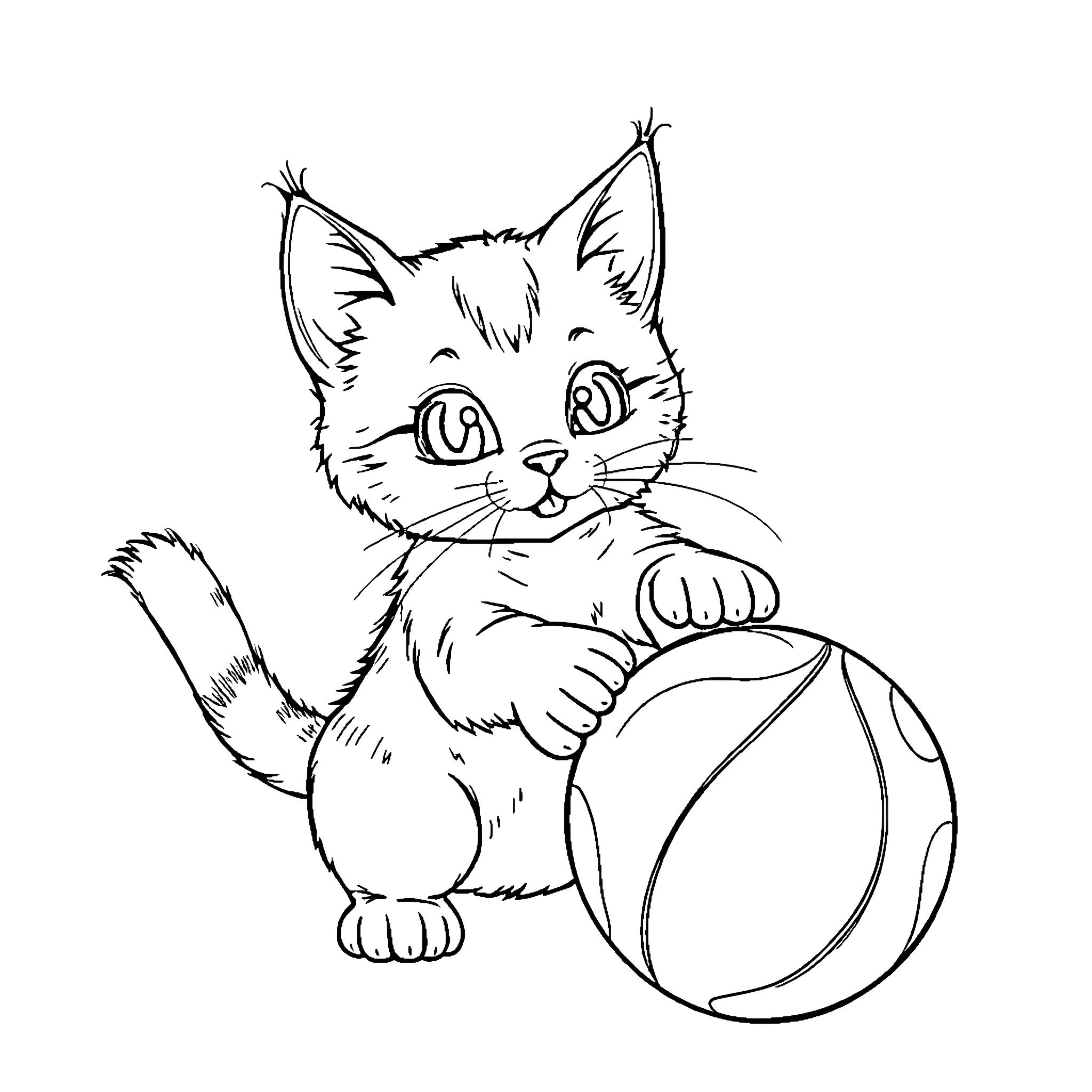 Cat playing with ball Coloring Page (free black-and-white line drawing printable PDF for all, from beginners to advanced learners, including children, teens, adults, and seniors)