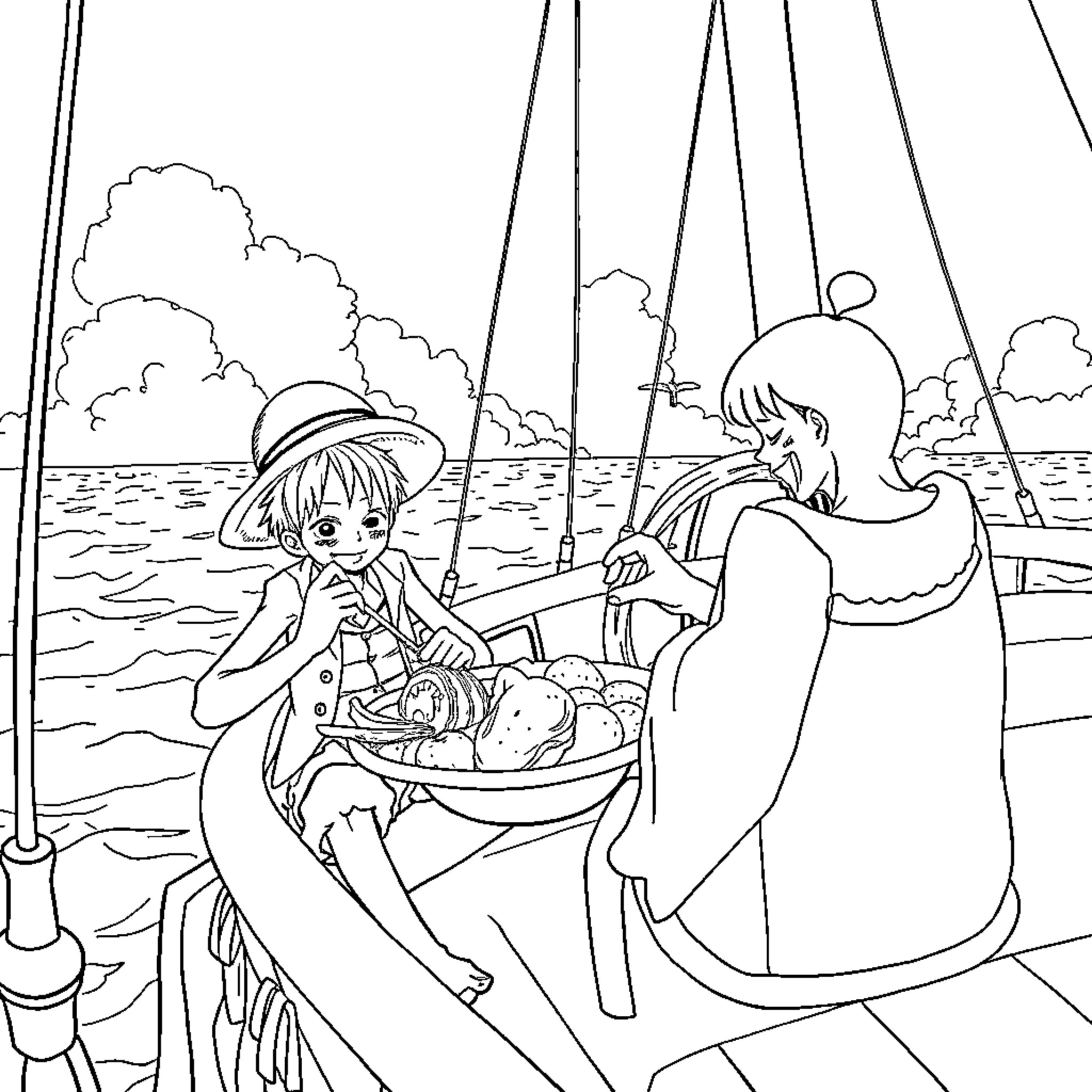 One Piece: Friends Relaxing on a Sailboat Coloring Page (free black-and-white line drawing printable PDF for all, from beginners to advanced learners, including children, teens, adults, and seniors)