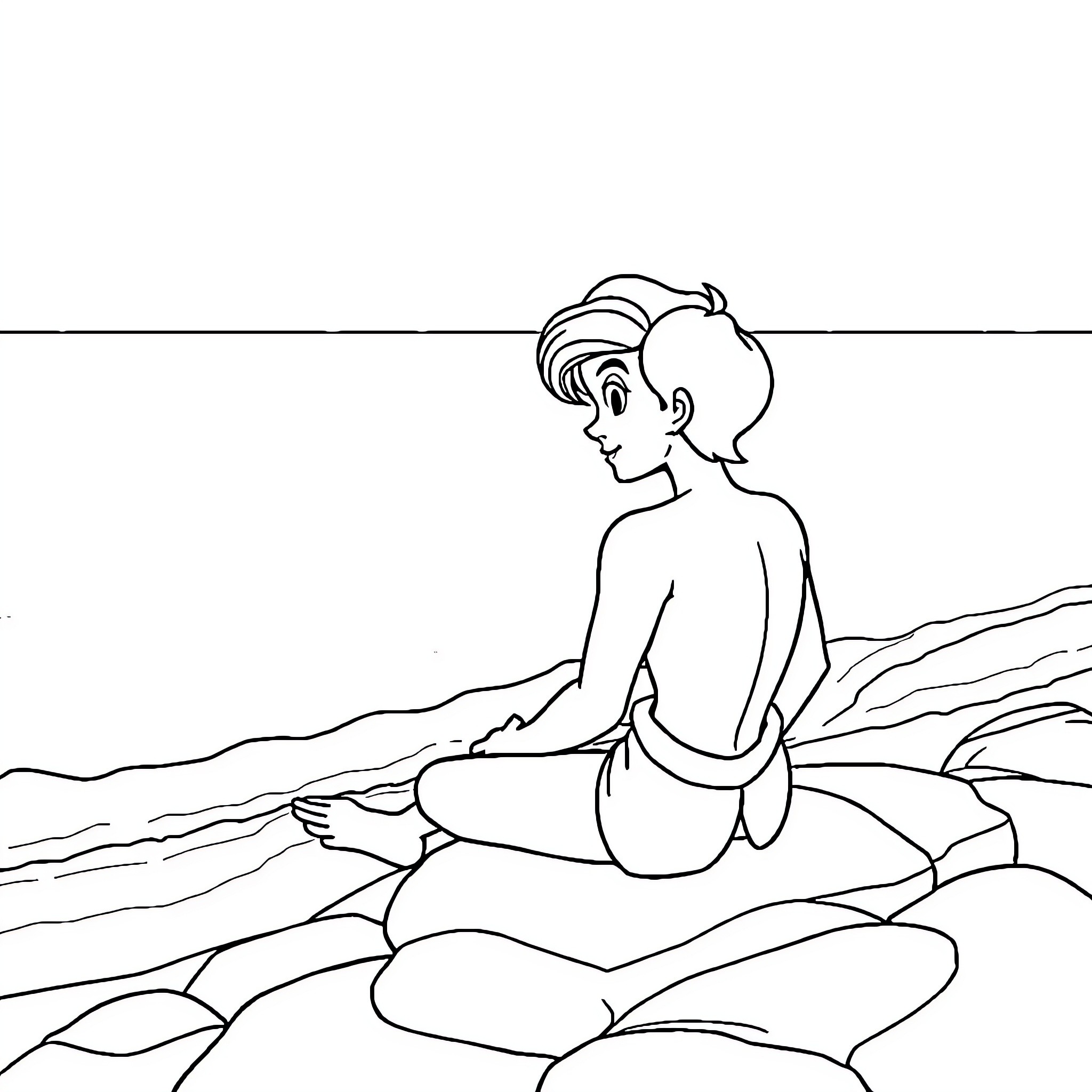 Aladdin relaxing peacefully on rocks by the sea Coloring Page (free black-and-white line drawing printable PDF for all, from beginners to advanced learners, including children, teens, adults, and seniors)
