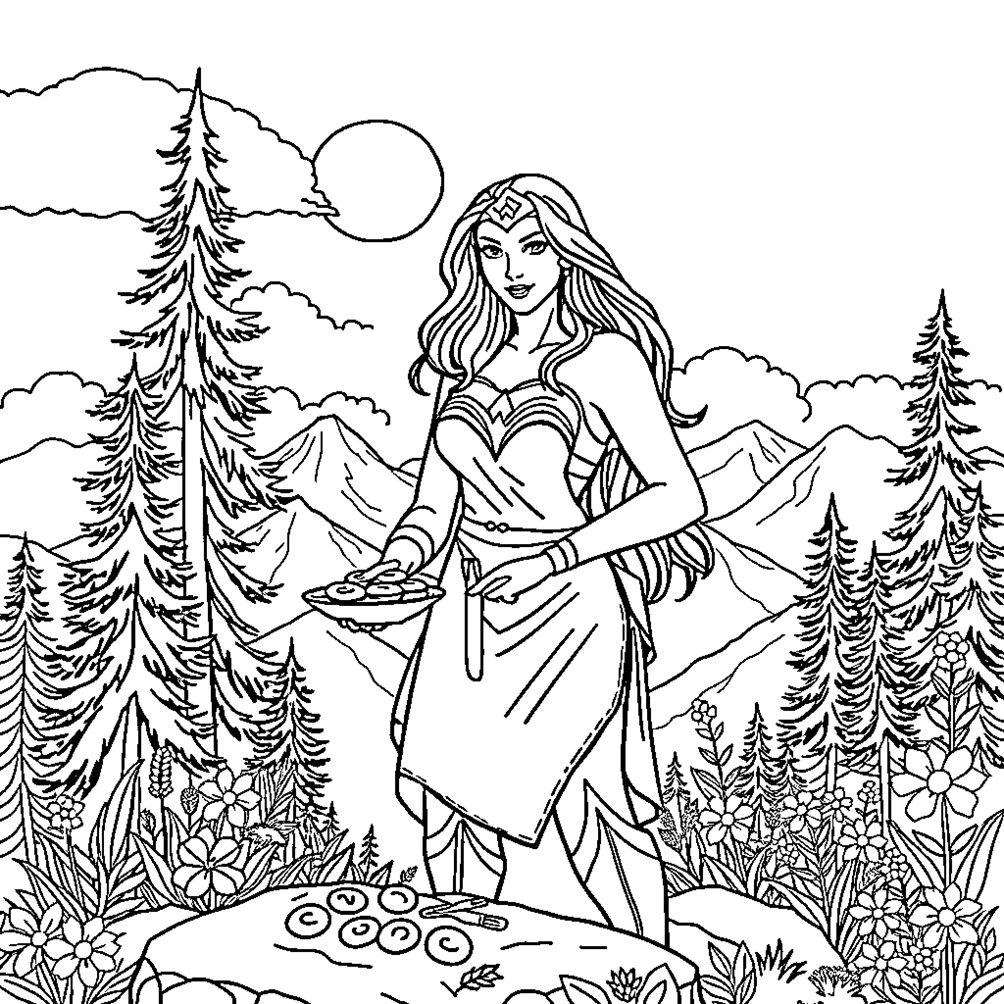 Wonder Woman Gathering Herbs in Enchanted Forest Coloring Page (free black-and-white line drawing printable PDF for all, from beginners to advanced learners, including children, teens, adults, and seniors)