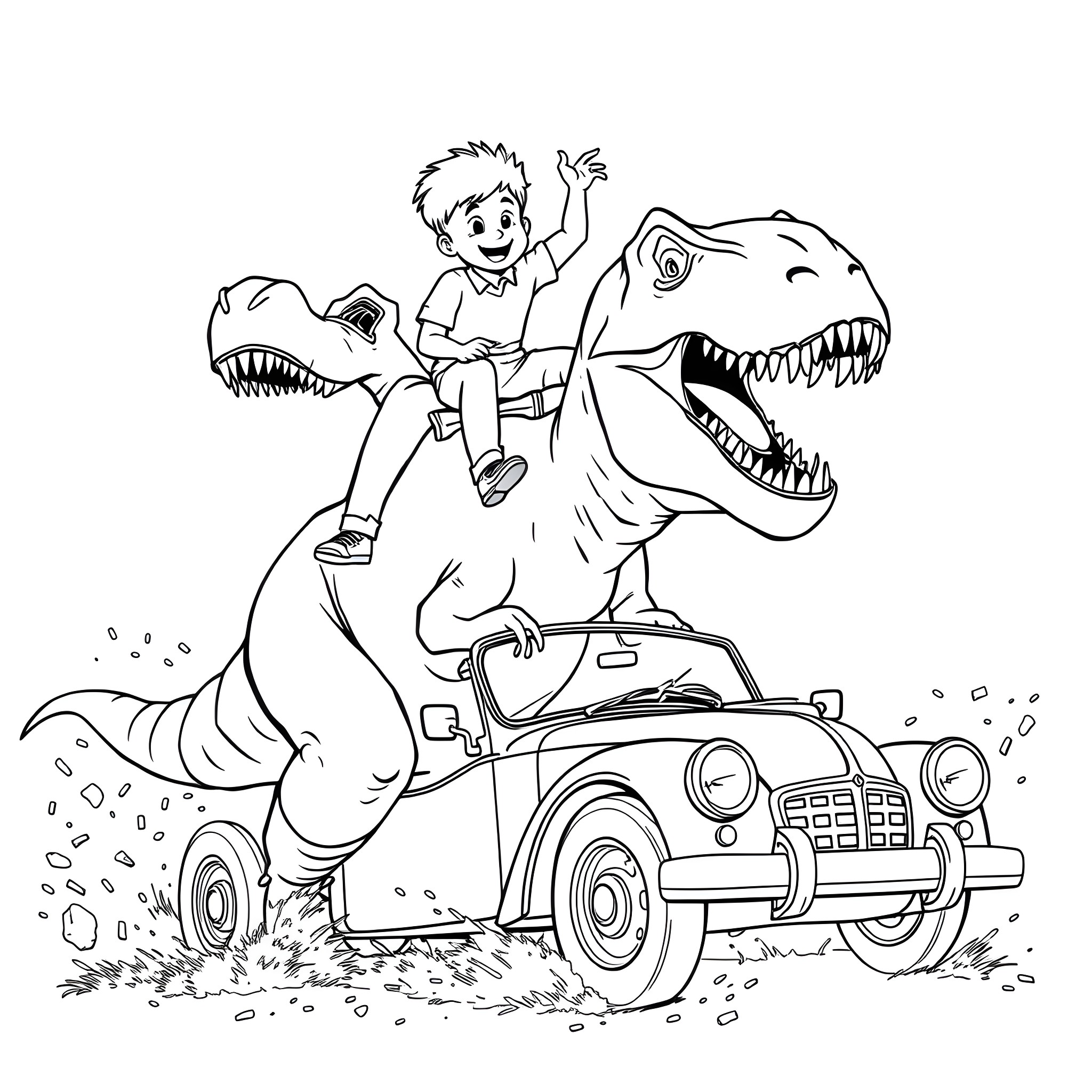 Boy riding a toy car with dinosaurs Coloring Page (free black-and-white line drawing printable PDF for all, from beginners to advanced learners, including children, teens, adults, and seniors)