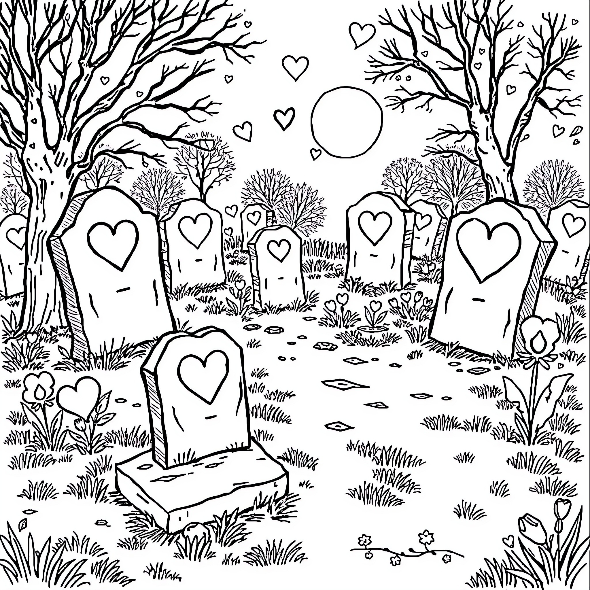 Graveyard Adorned with Hearts and Nature Coloring Page (free black-and-white line drawing printable PDF for all, from beginners to advanced learners, including children, teens, adults, and seniors)