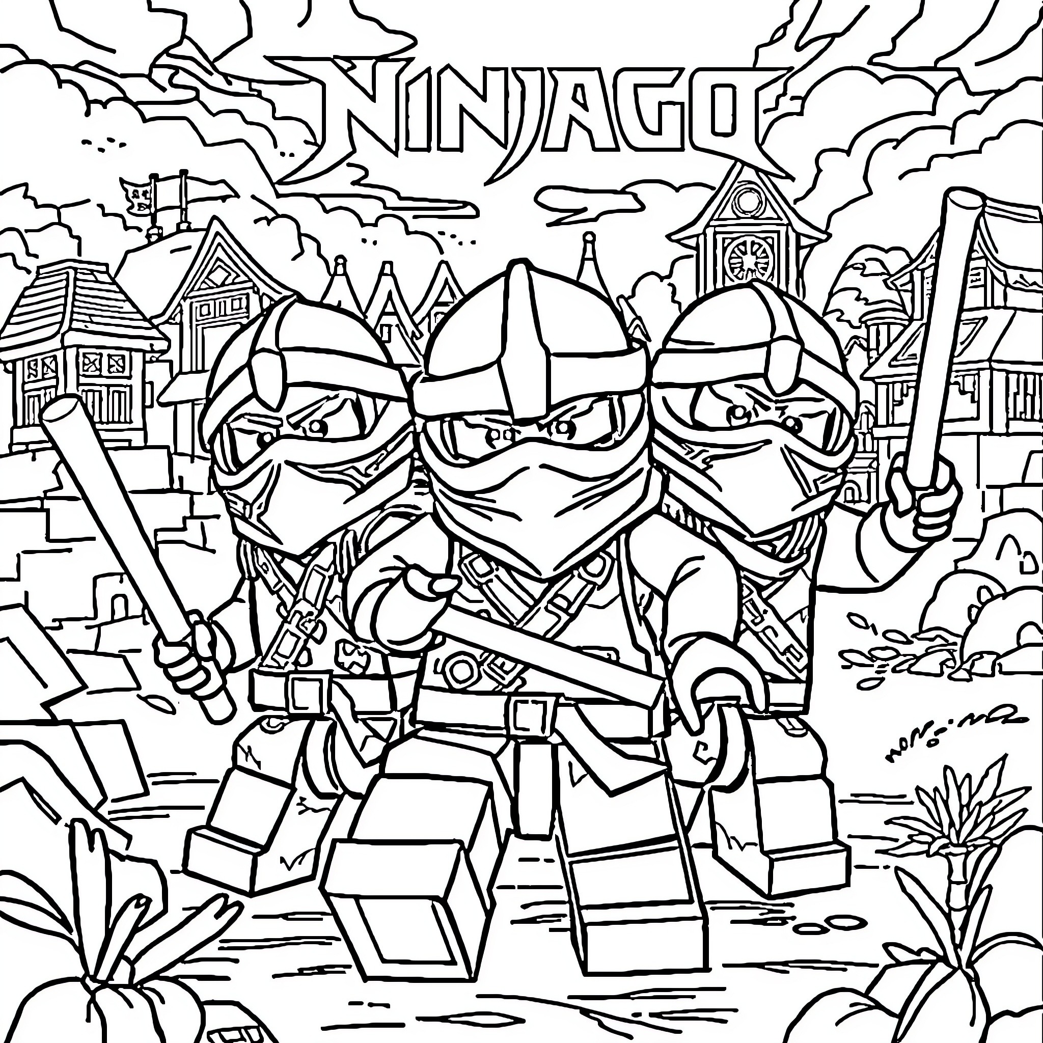 Ninjago ninjas in battle-ready stances Coloring Page (free black-and-white line drawing printable PDF for all, from beginners to advanced learners, including children, teens, adults, and seniors)