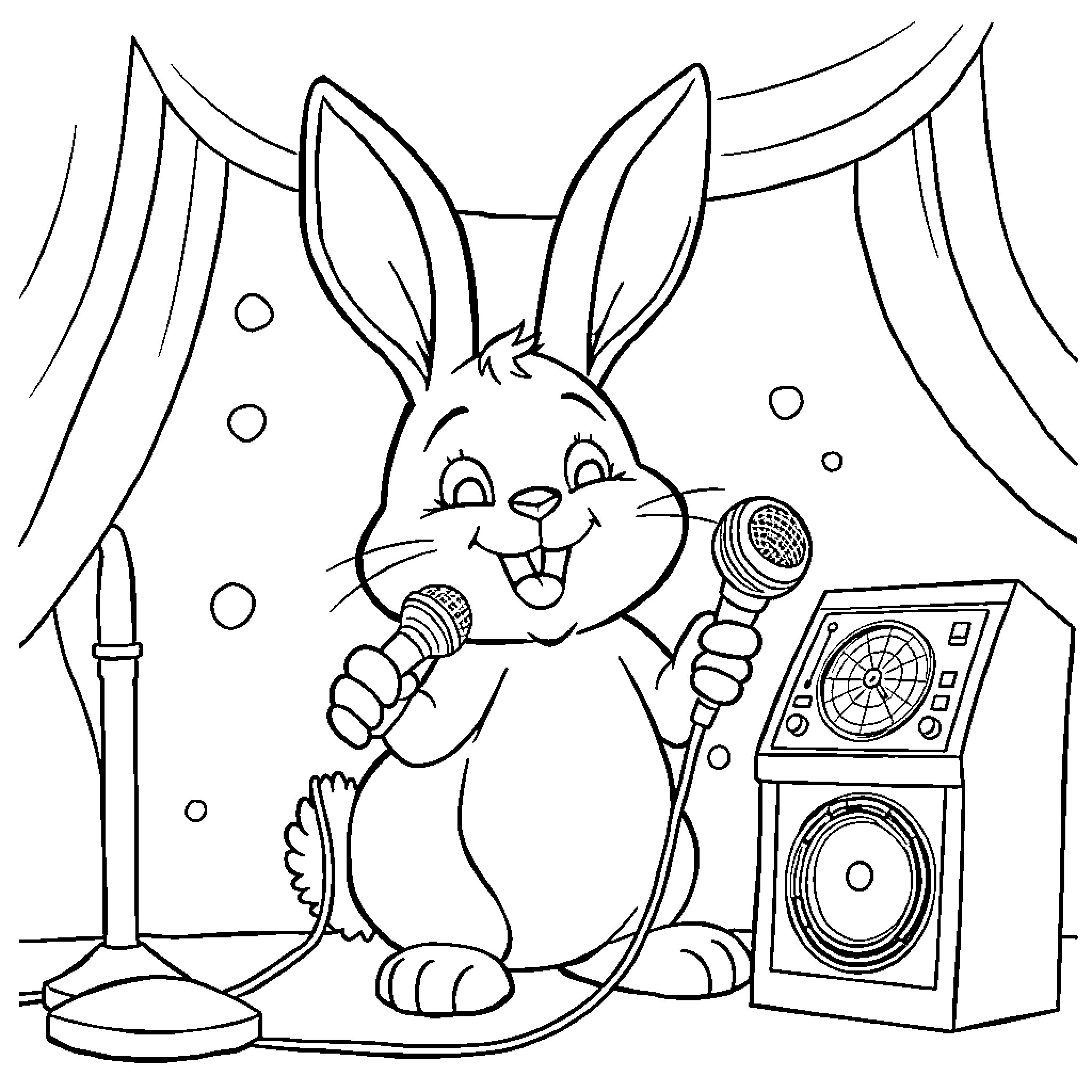 Bunny singing joyfully on stage with microphone Coloring Page (free black-and-white line drawing printable PDF for all, from beginners to advanced learners, including children, teens, adults, and seniors)