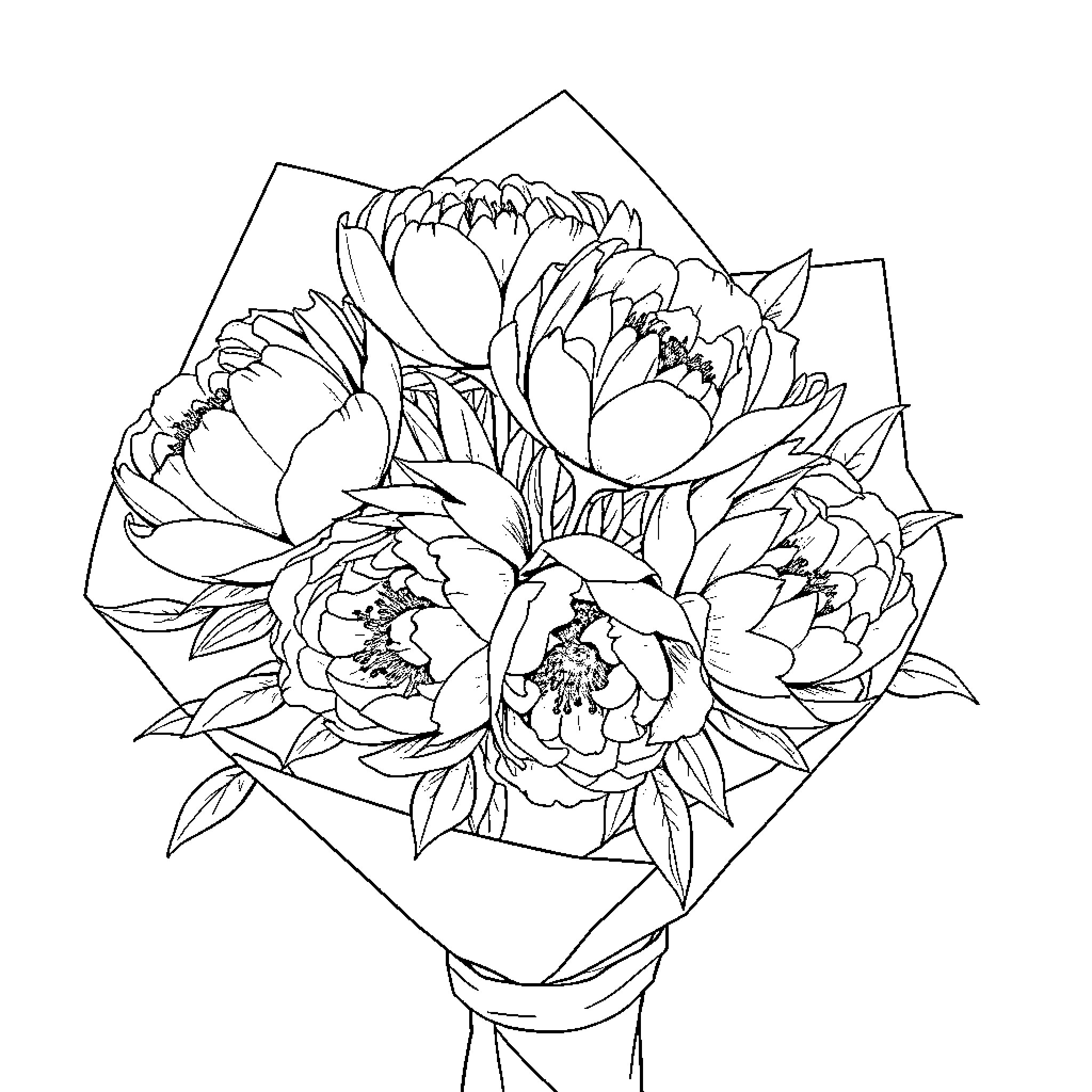 Peony Bouquet in Geometric Frame Coloring Page (free black-and-white line drawing printable PDF for all, from beginners to advanced learners, including children, teens, adults, and seniors)