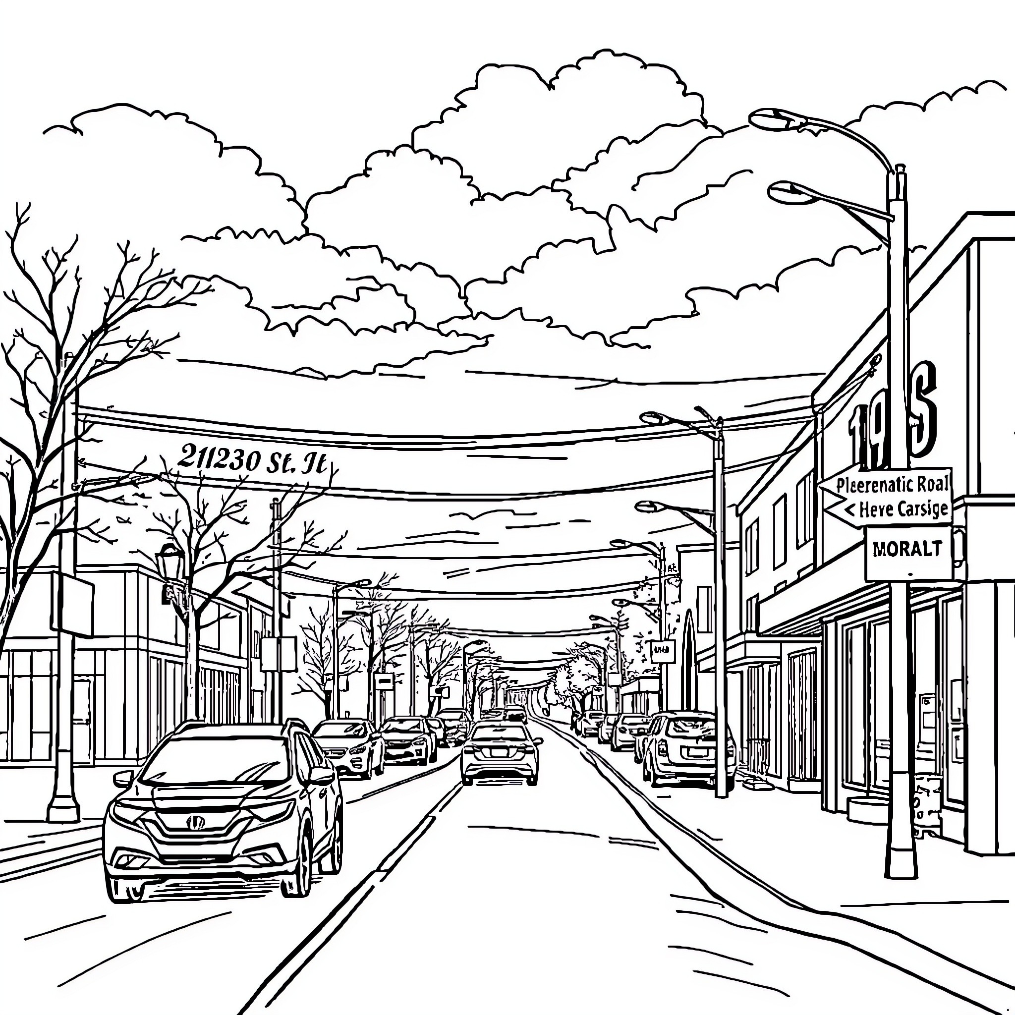 Michigan street scene with shops and vehicles Coloring Page (free black-and-white line drawing printable PDF for all, from beginners to advanced learners, including children, teens, adults, and seniors)