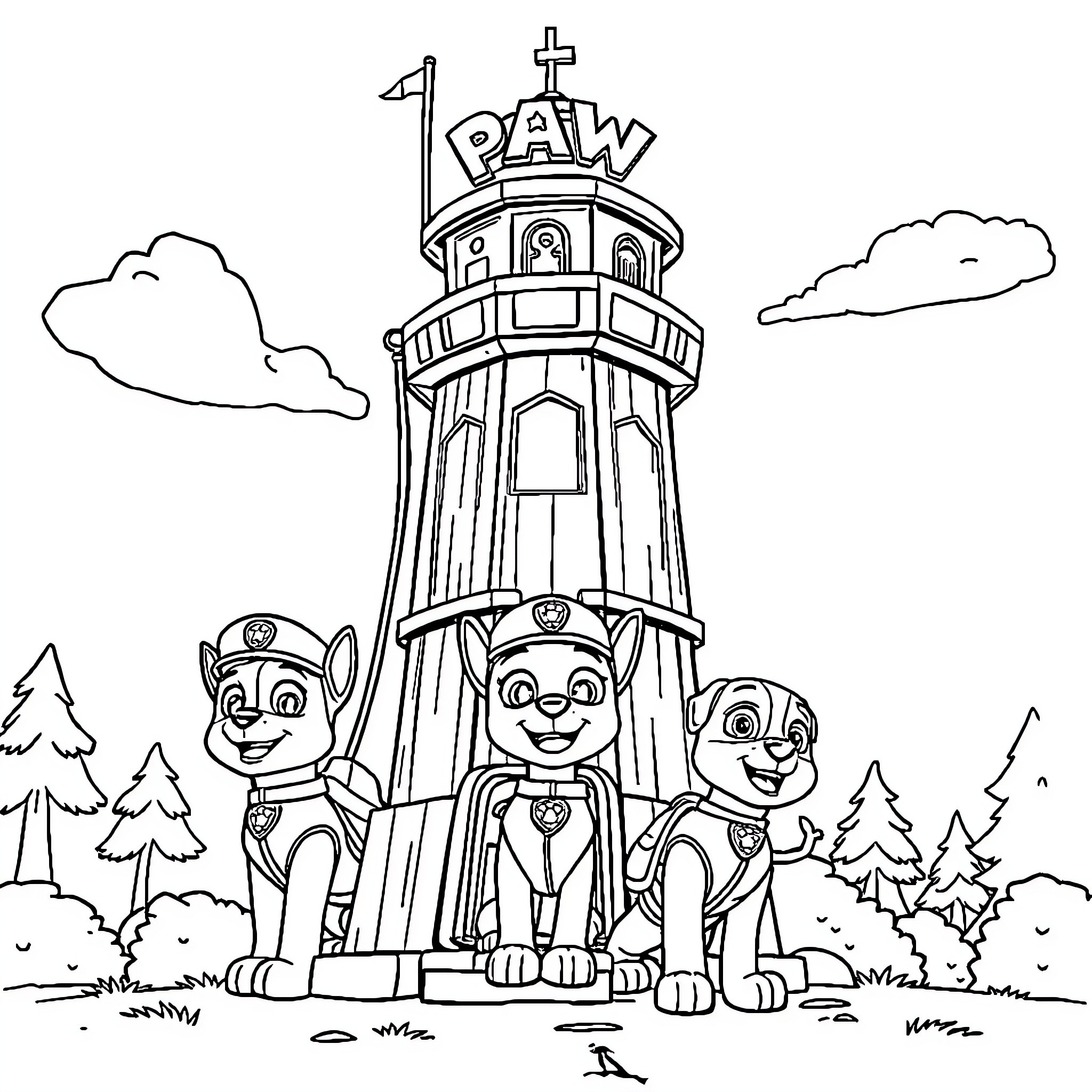 Paw Patrol characters at the lookout tower Coloring Page (free black-and-white line drawing printable PDF for all, from beginners to advanced learners, including children, teens, adults, and seniors)