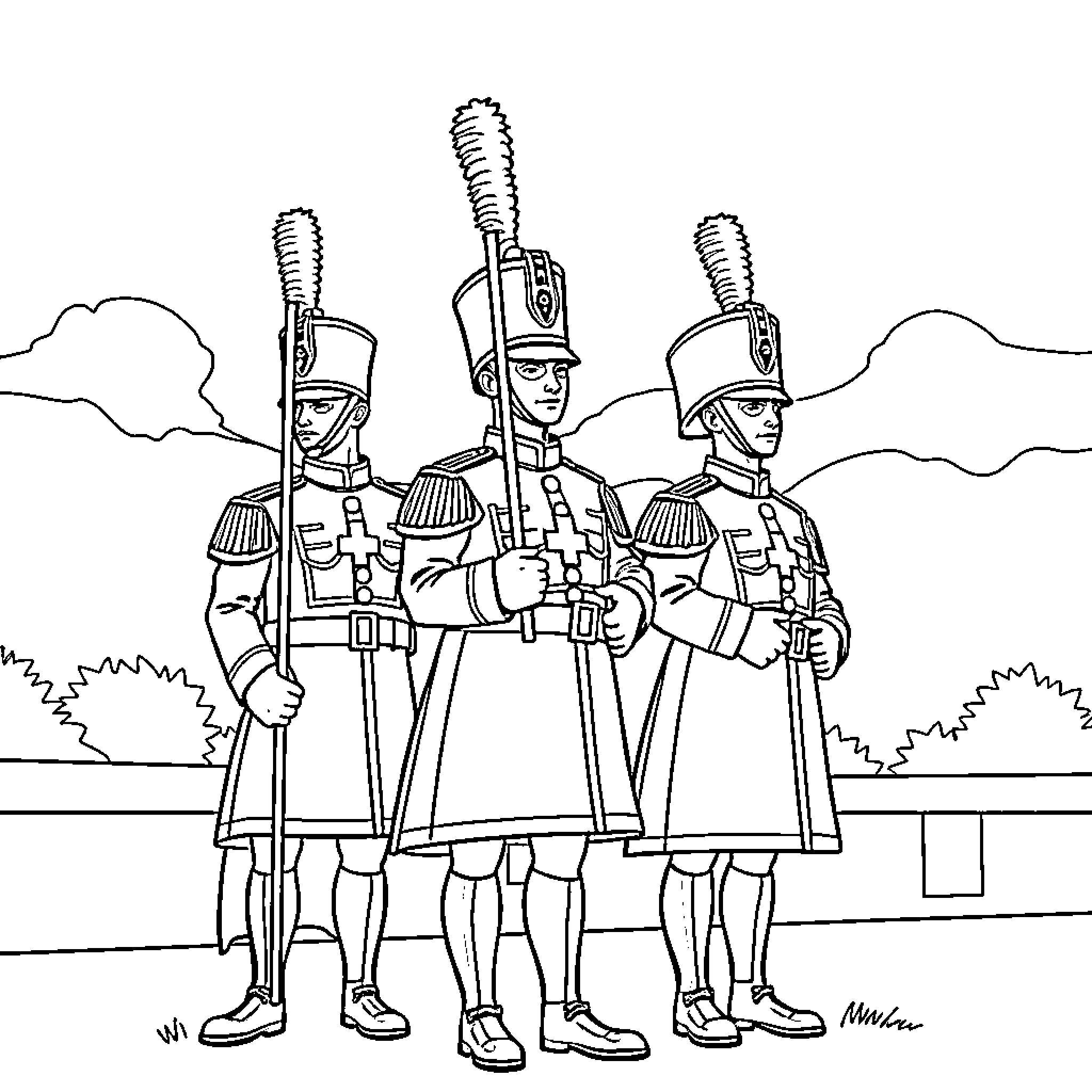 Swiss Guard in Formal Military Attire on Duty Coloring Page (free black-and-white line drawing printable PDF for all, from beginners to advanced learners, including children, teens, adults, and seniors)