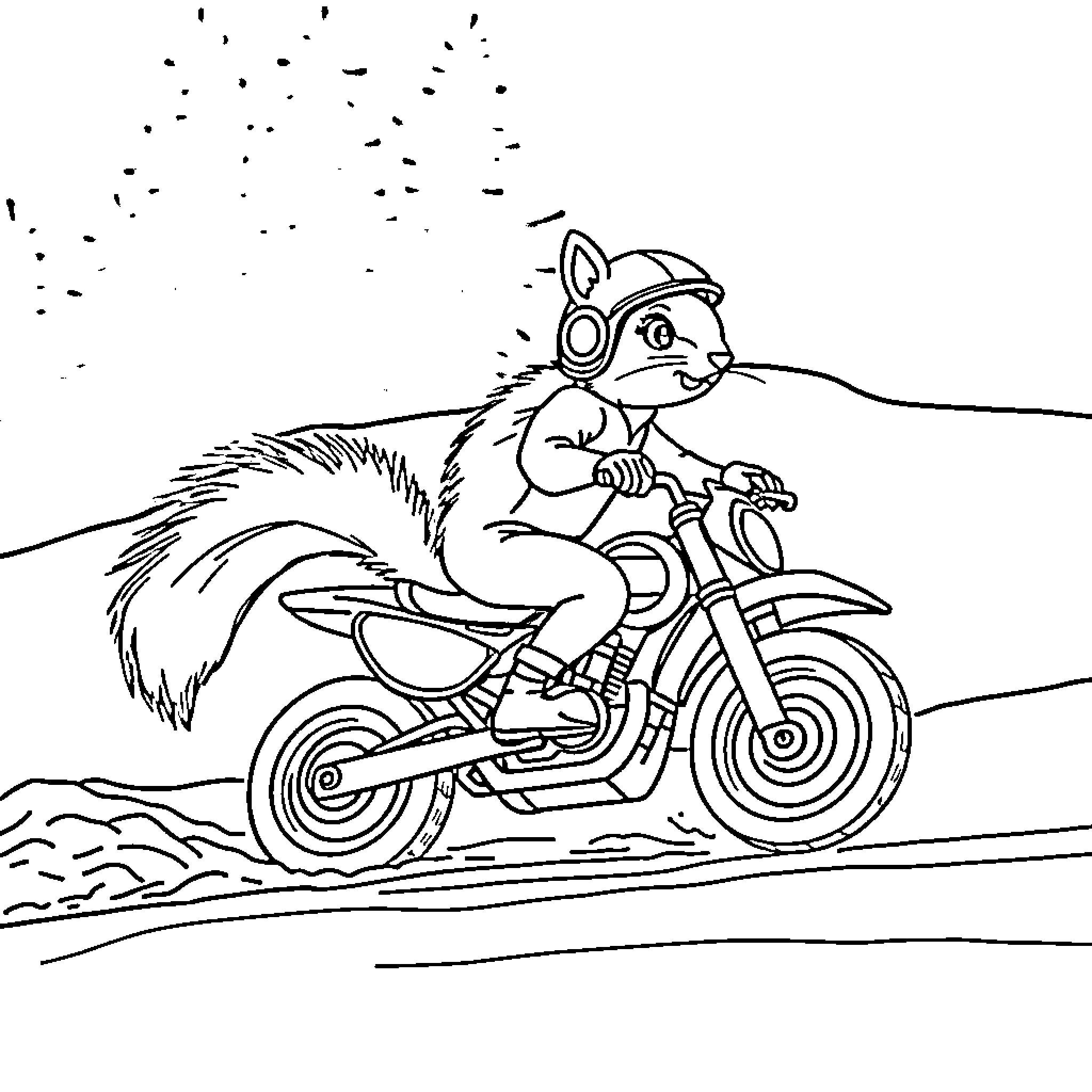 Squirrel riding a motorcycle in the outdoors Coloring Page (free black-and-white line drawing printable PDF for all, from beginners to advanced learners, including children, teens, adults, and seniors)