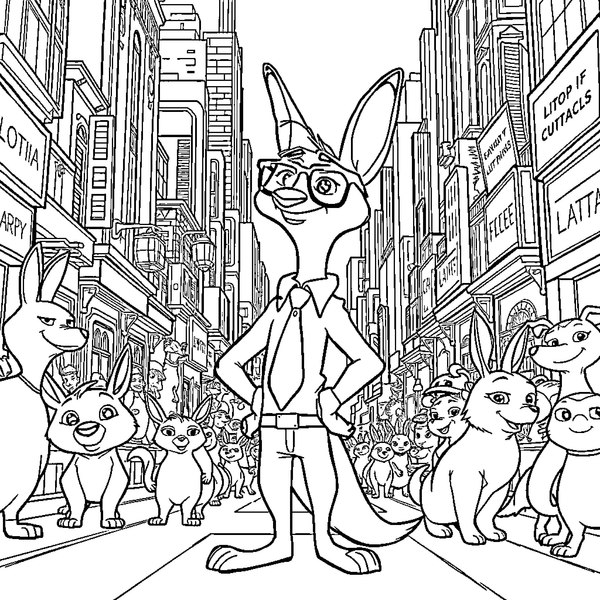 Gary standing confidently among many other animals in the city Coloring Page (free black-and-white line drawing printable PDF for all, from beginners to advanced learners, including children, teens, adults, and seniors)