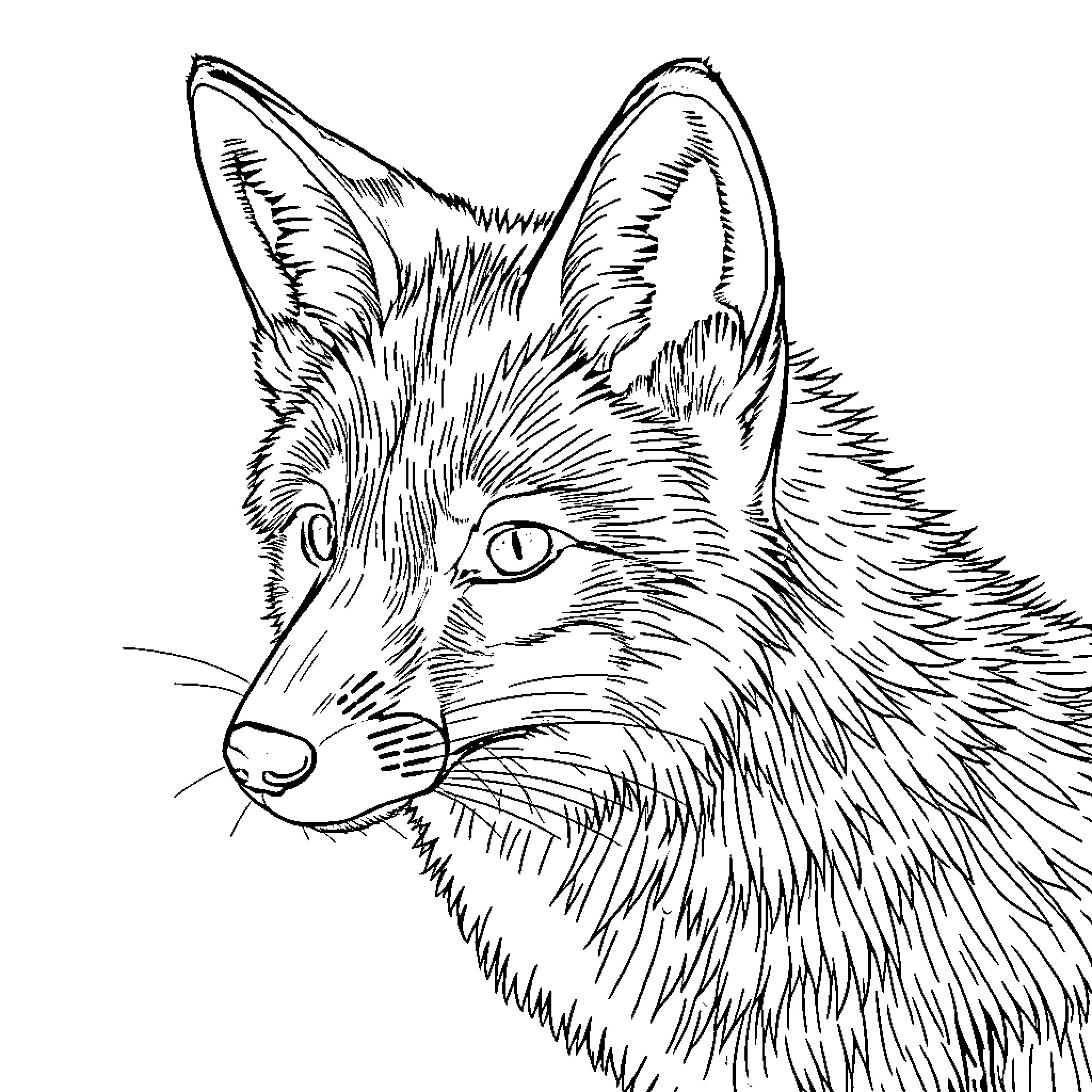 Fox intently gazing with alert expression Coloring Page (free black-and-white line drawing printable PDF for all, from beginners to advanced learners, including children, teens, adults, and seniors)