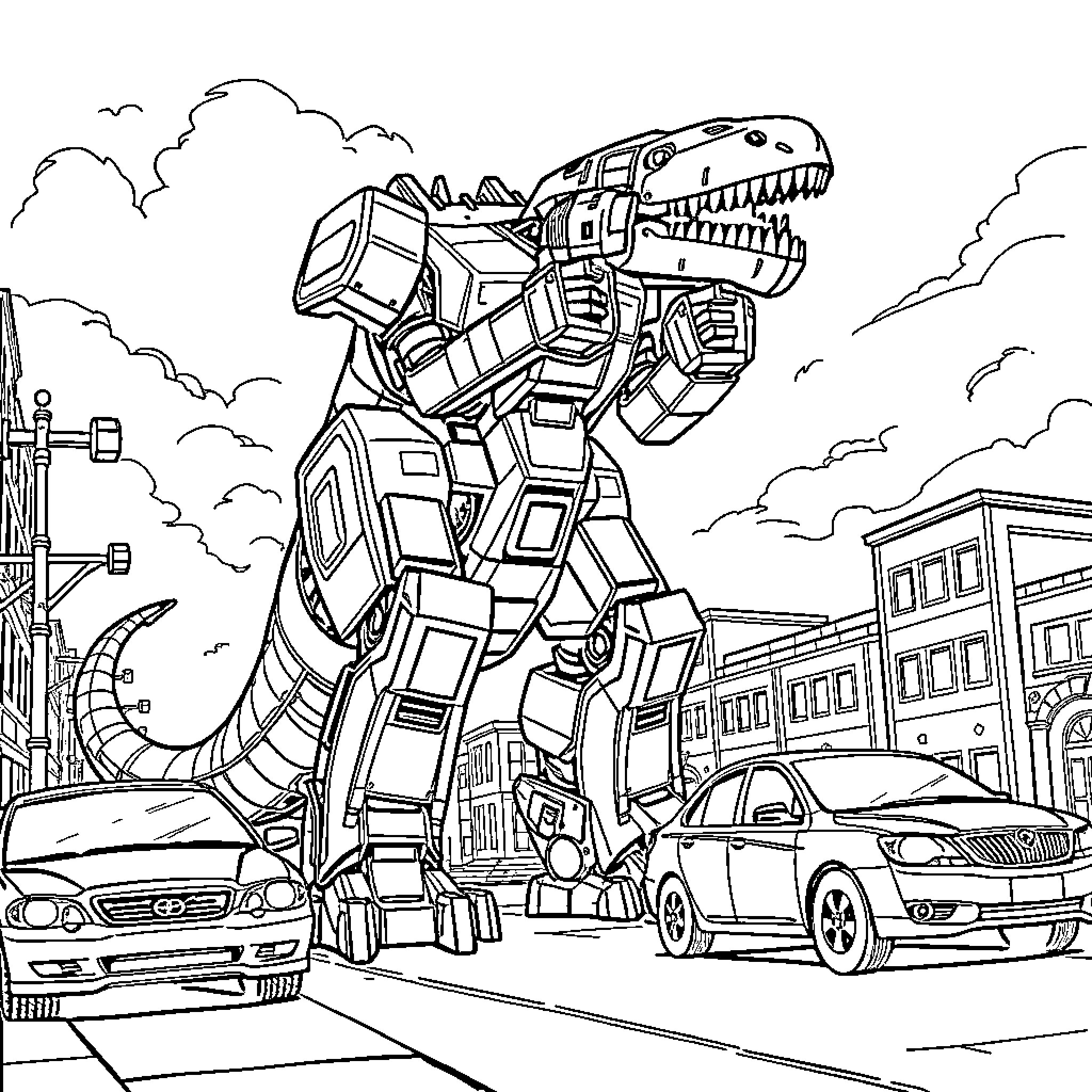 Robot Dinosaur Rampages Through City Streets Coloring Page (free black-and-white line drawing printable PDF for all, from beginners to advanced learners, including children, teens, adults, and seniors)