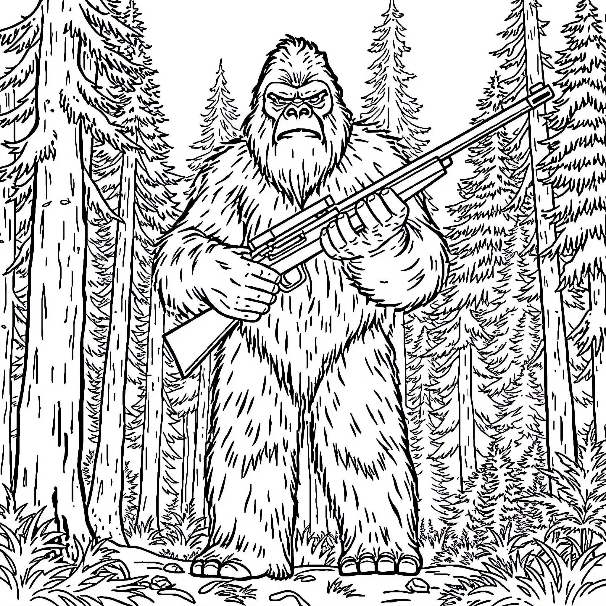 Sasquatch hunting with rifle in the forest Coloring Page (free black-and-white line drawing printable PDF for all, from beginners to advanced learners, including children, teens, adults, and seniors)