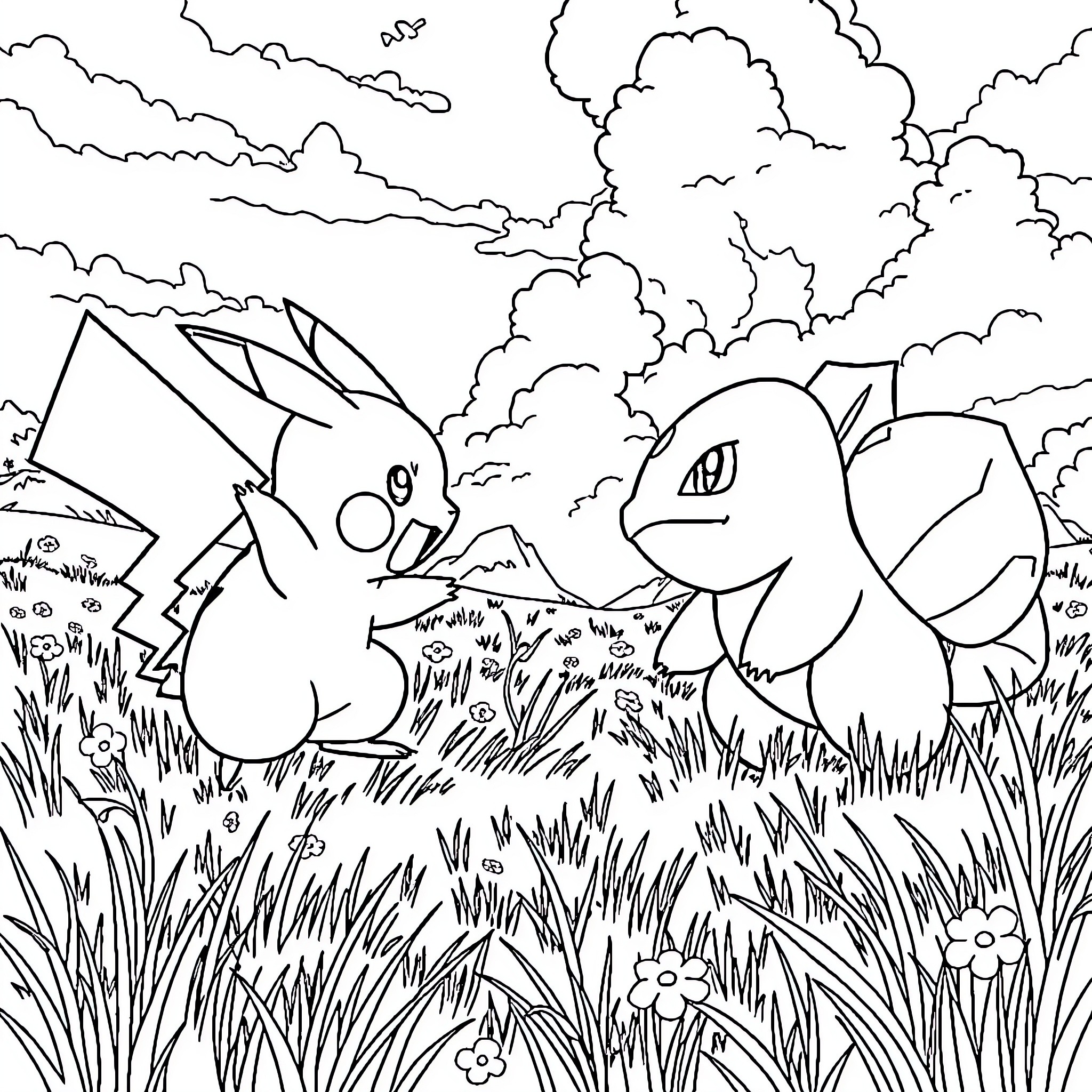 Pikachu and Bulbasaur in a grassy field Coloring Page (free black-and-white line drawing printable PDF for all, from beginners to advanced learners, including children, teens, adults, and seniors)