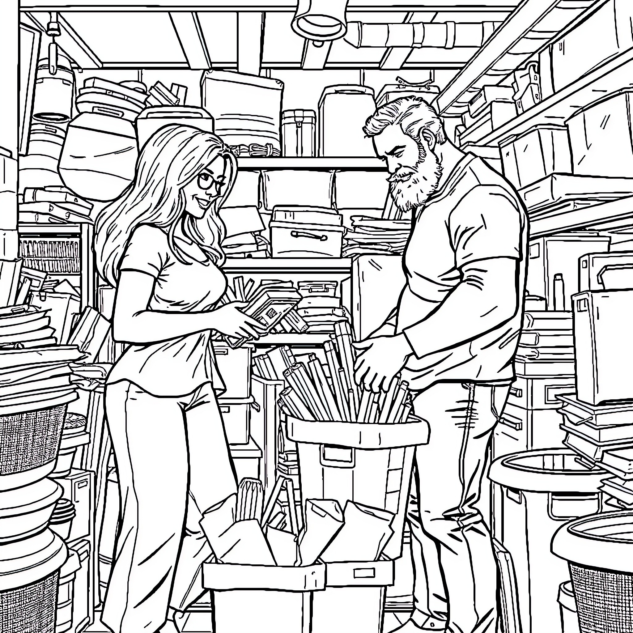 Couple browsing through books in a cluttered store Coloring Page (free black-and-white line drawing printable PDF for all, from beginners to advanced learners, including children, teens, adults, and seniors)