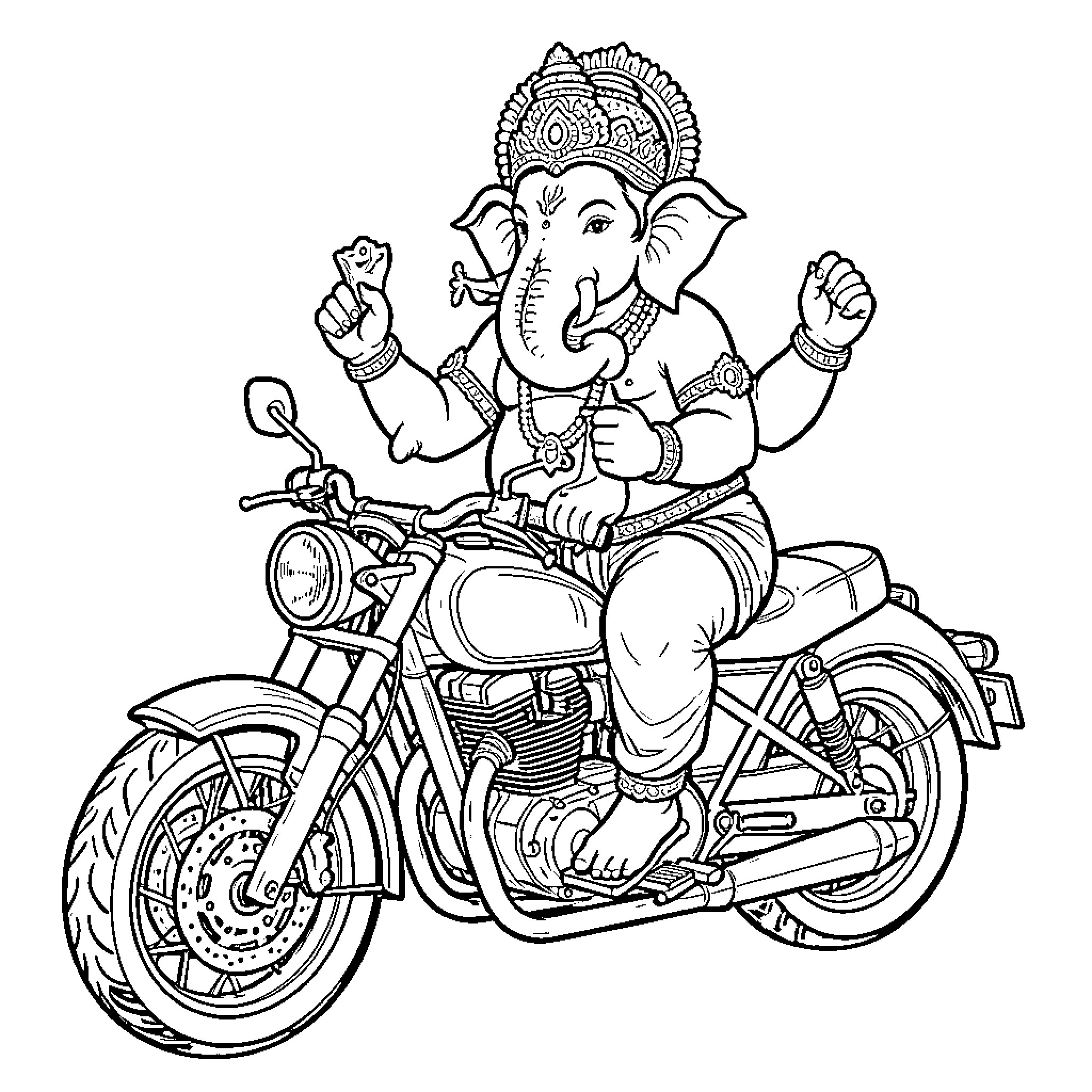 Ganesha riding a motorcycle and holding a sweet Coloring Page (free black-and-white line drawing printable PDF for all, from beginners to advanced learners, including children, teens, adults, and seniors)