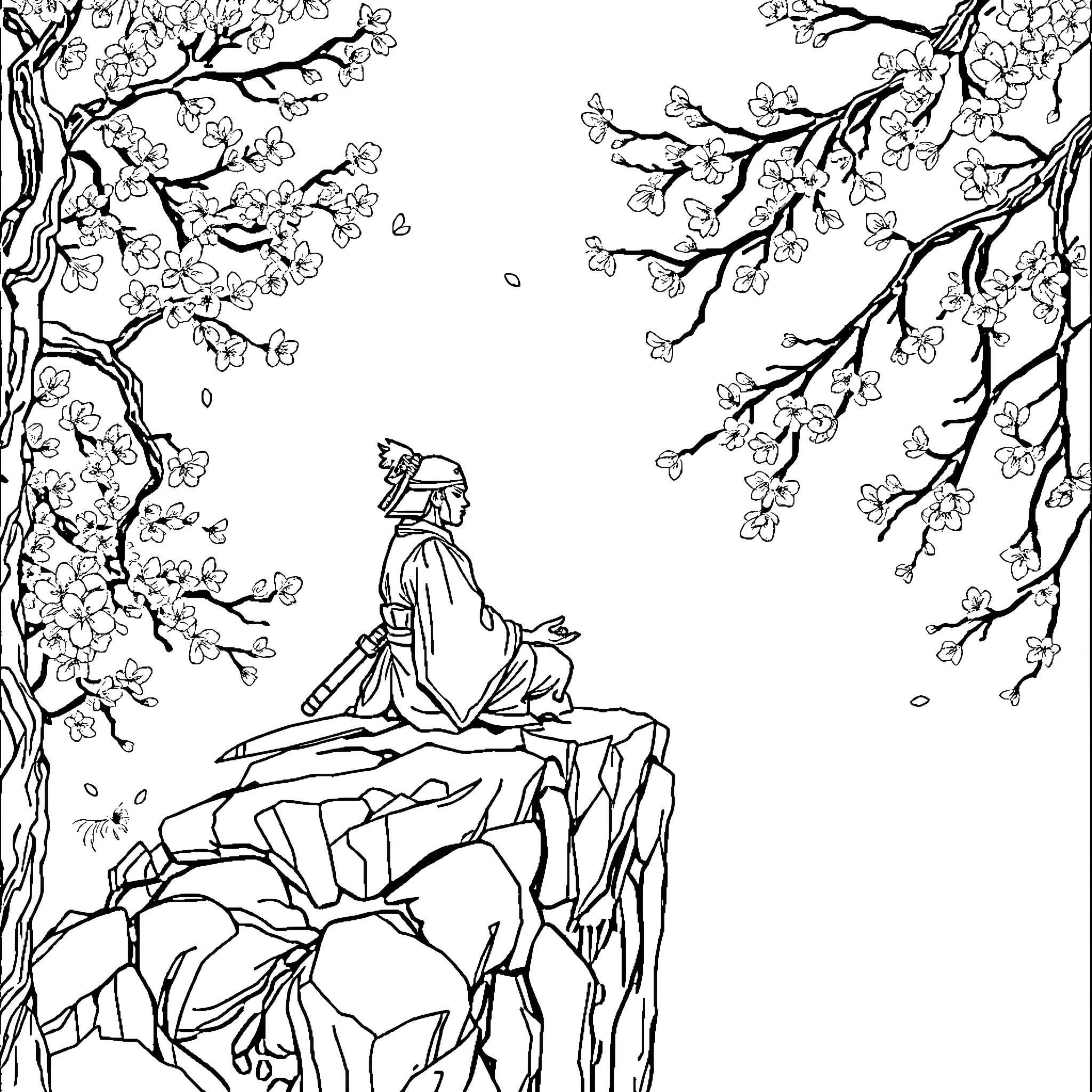 Samurai warrior meditating amid cherry blossoms Coloring Page (free black-and-white line drawing printable PDF for all, from beginners to advanced learners, including children, teens, adults, and seniors)