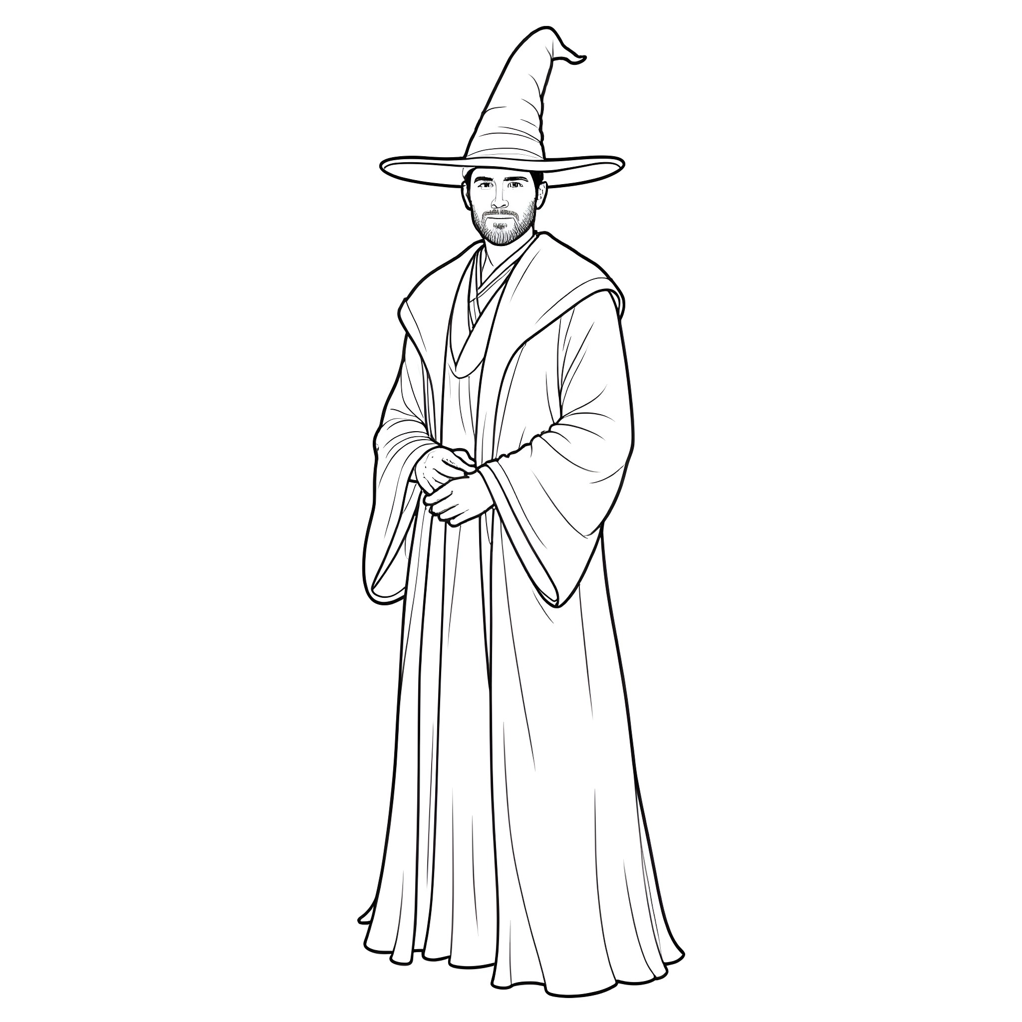 Wizard in ceremonial robes and pointed hat Coloring Page (free black-and-white line drawing printable PDF for all, from beginners to advanced learners, including children, teens, adults, and seniors)