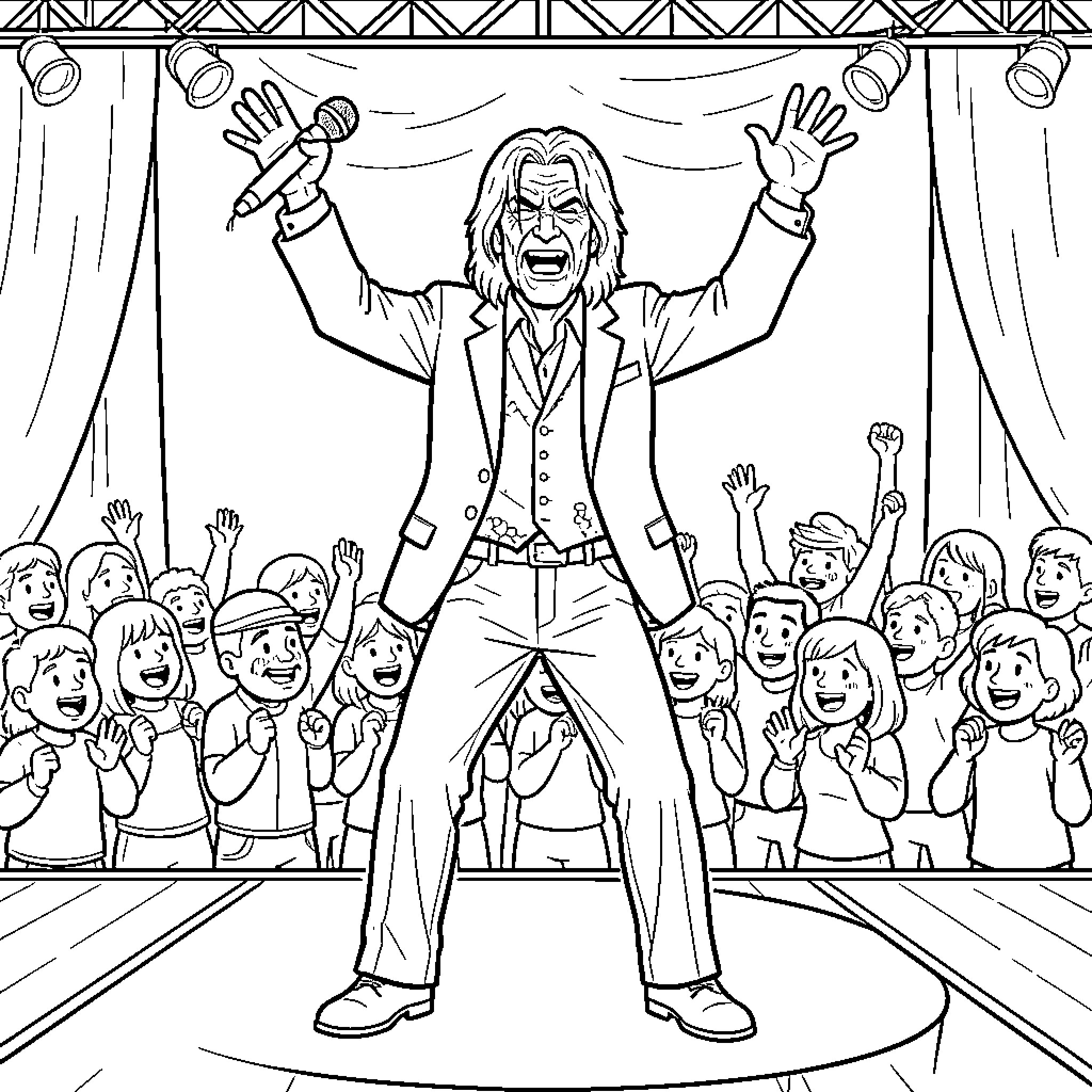 Undertaker performing enthusiastically on stage before a cheering crowd Coloring Page (free black-and-white line drawing printable PDF for all, from beginners to advanced learners, including children, teens, adults, and seniors)