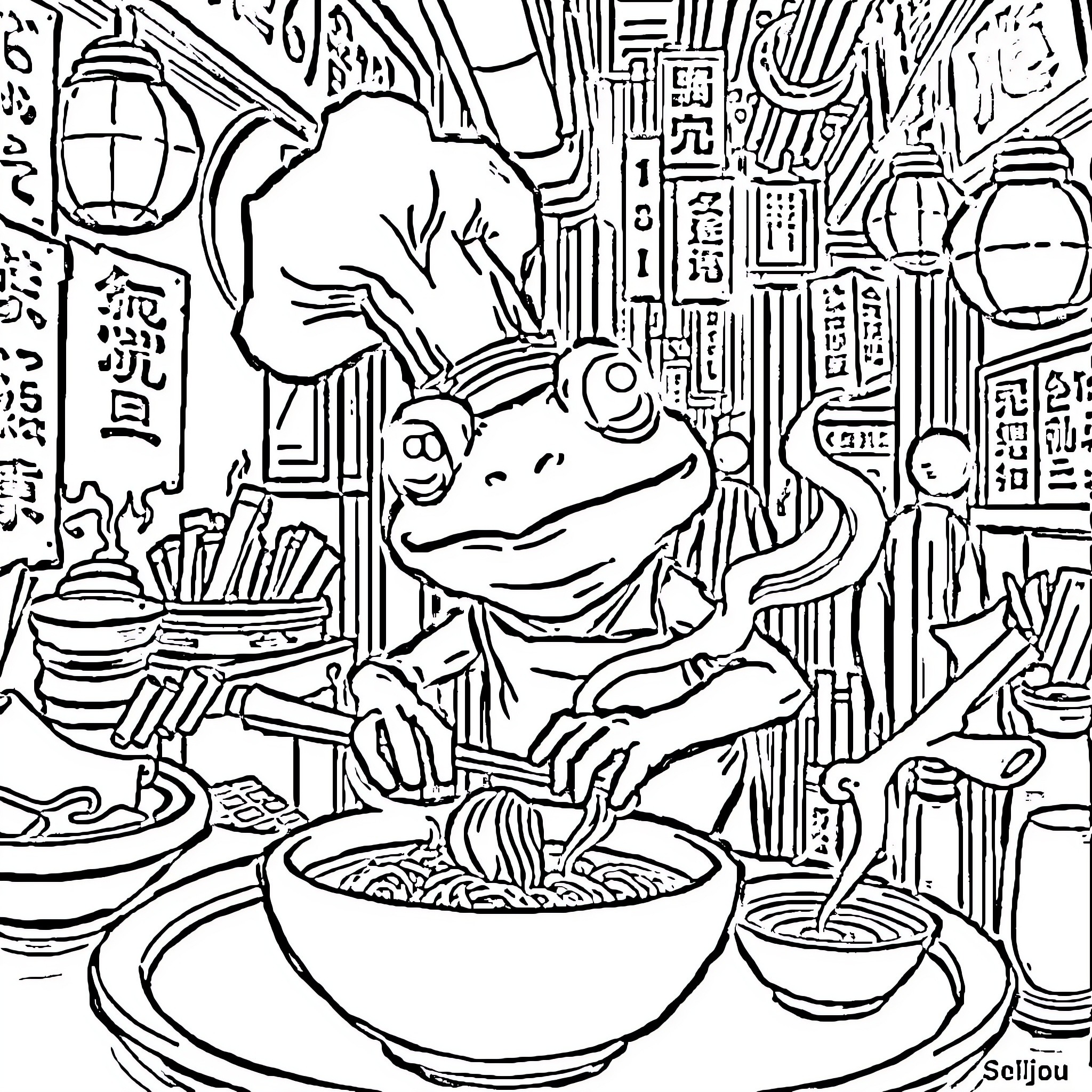 Tree Frog Enjoying Noodle Dish in Vibrant Asian Setting Coloring Page (free black-and-white line drawing printable PDF for all, from beginners to advanced learners, including children, teens, adults, and seniors)