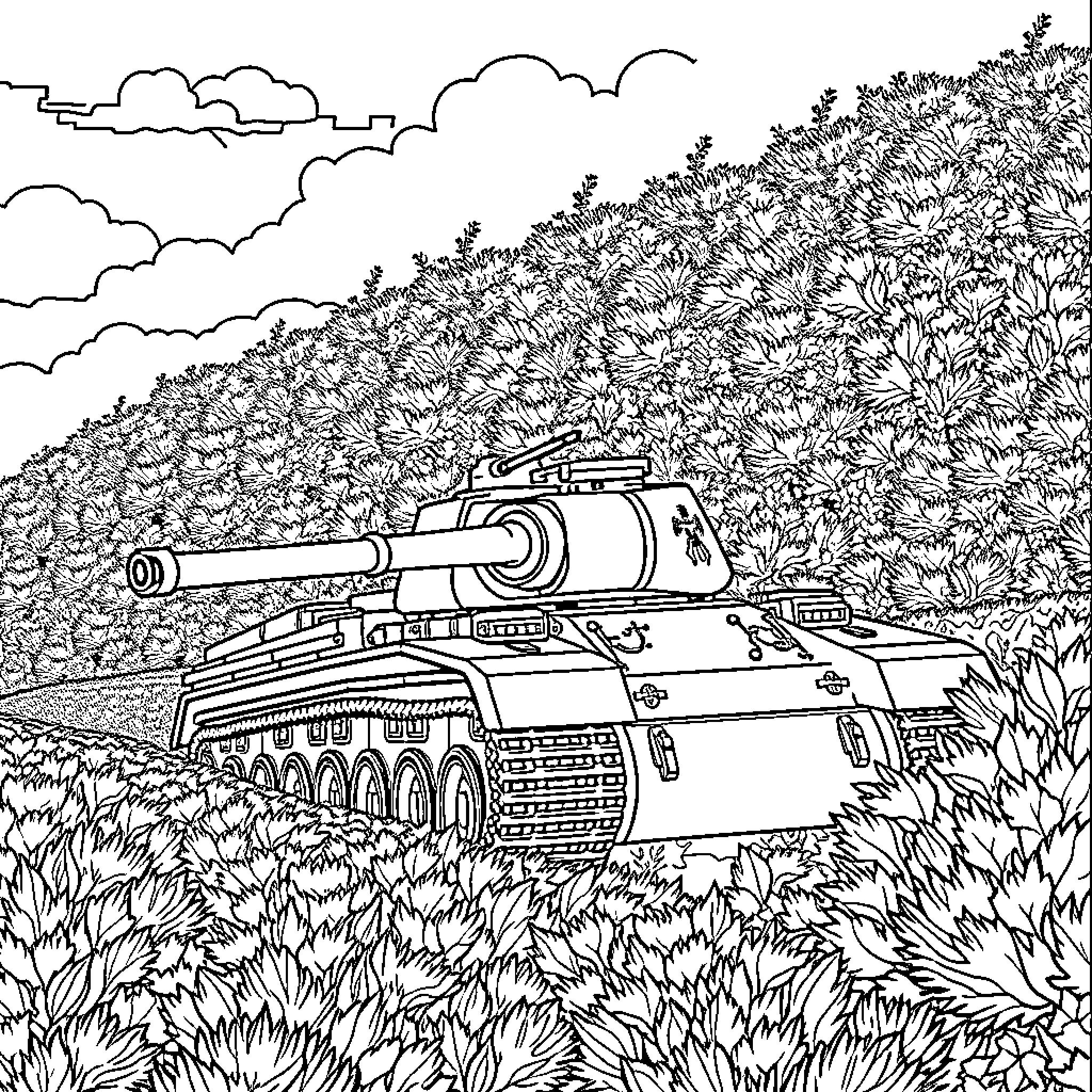 Tiger Tank in a Forested Battlefield Coloring Page (free black-and-white line drawing printable PDF for all, from beginners to advanced learners, including children, teens, adults, and seniors)