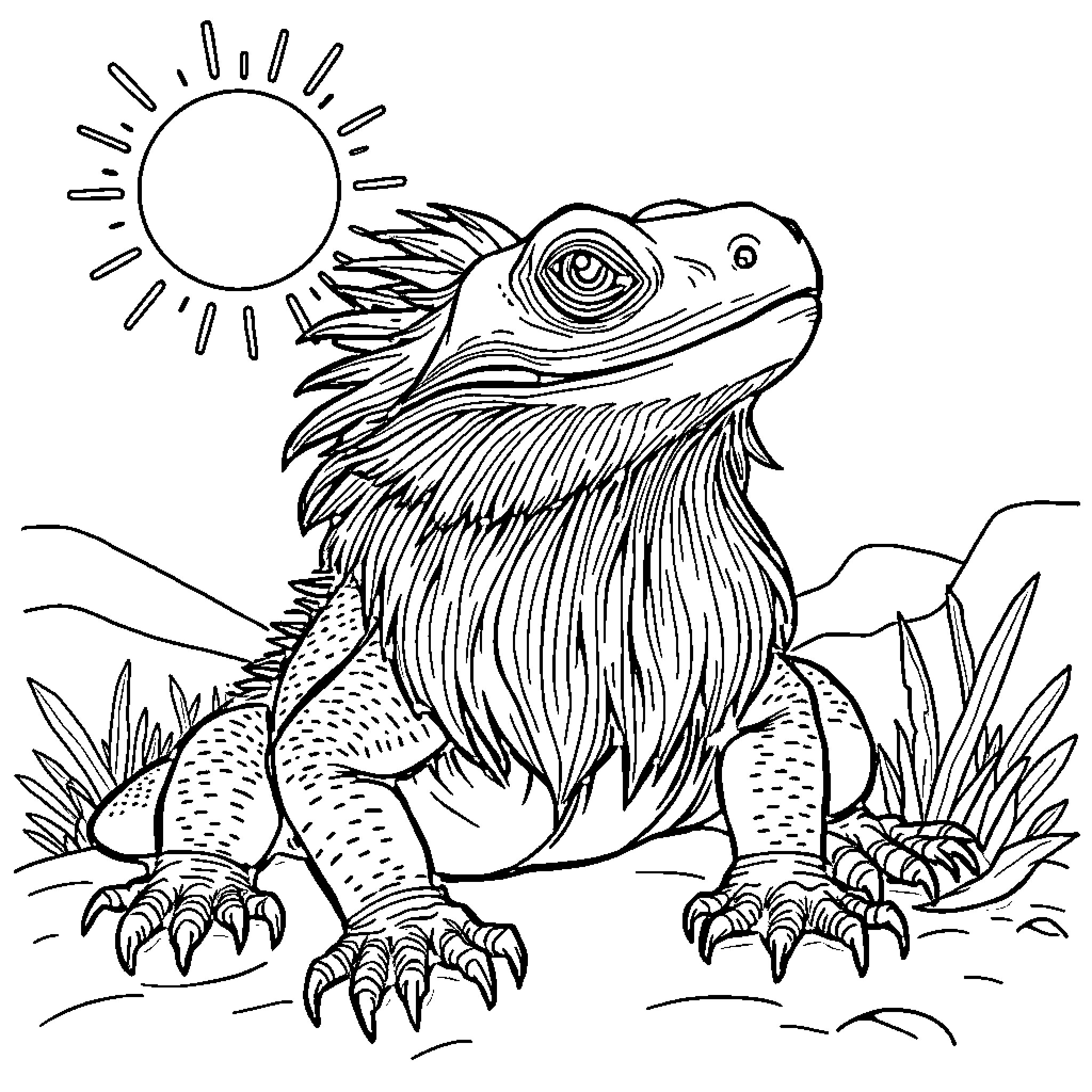 Bearded Dragon in the Sunny Outdoors Coloring Page (free black-and-white line drawing printable PDF for all, from beginners to advanced learners, including children, teens, adults, and seniors)
