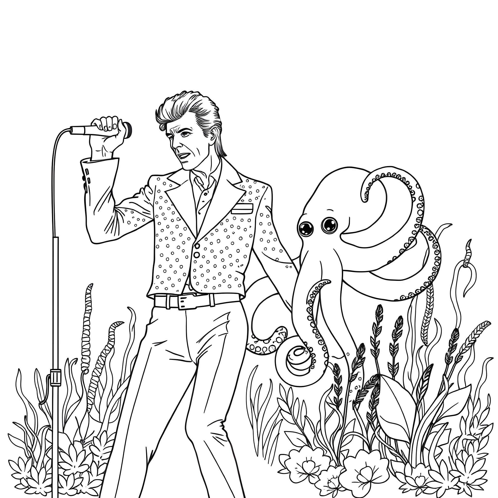 David Bowie performing on stage surrounded by nature Coloring Page (free black-and-white line drawing printable PDF for all, from beginners to advanced learners, including children, teens, adults, and seniors)