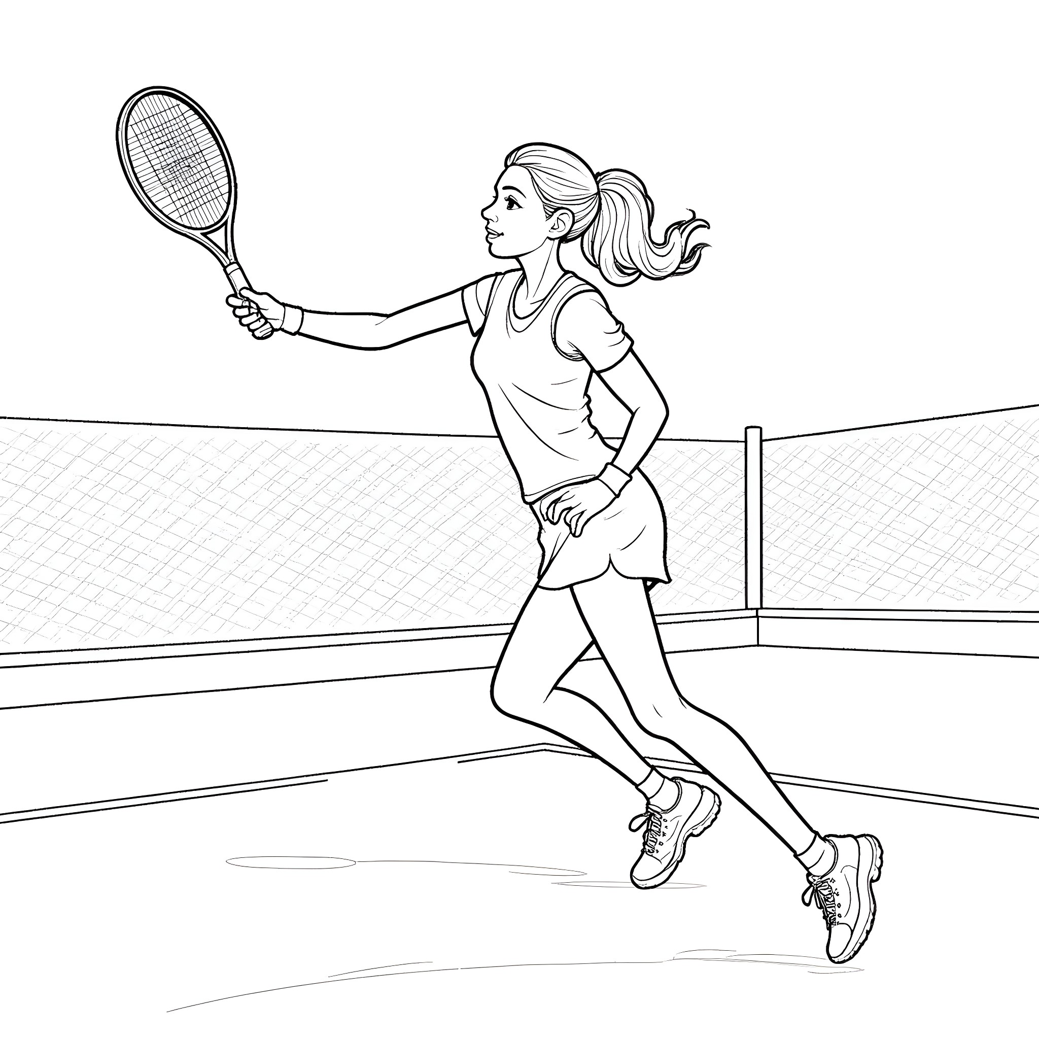 Zelda playing tennis on the court Coloring Page (free black-and-white line drawing printable PDF for all, from beginners to advanced learners, including children, teens, adults, and seniors)