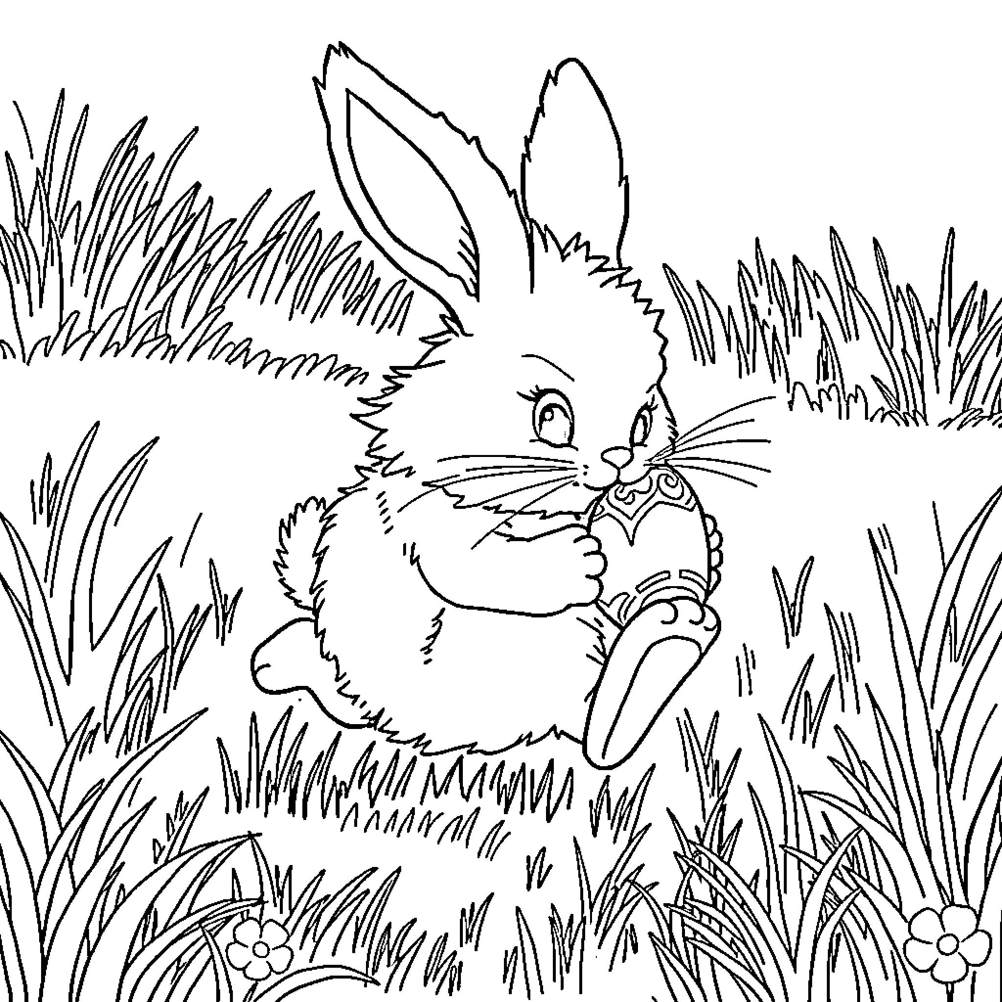 Bunny playing in grassy field with flowers Coloring Page (free black-and-white line drawing printable PDF for all, from beginners to advanced learners, including children, teens, adults, and seniors)