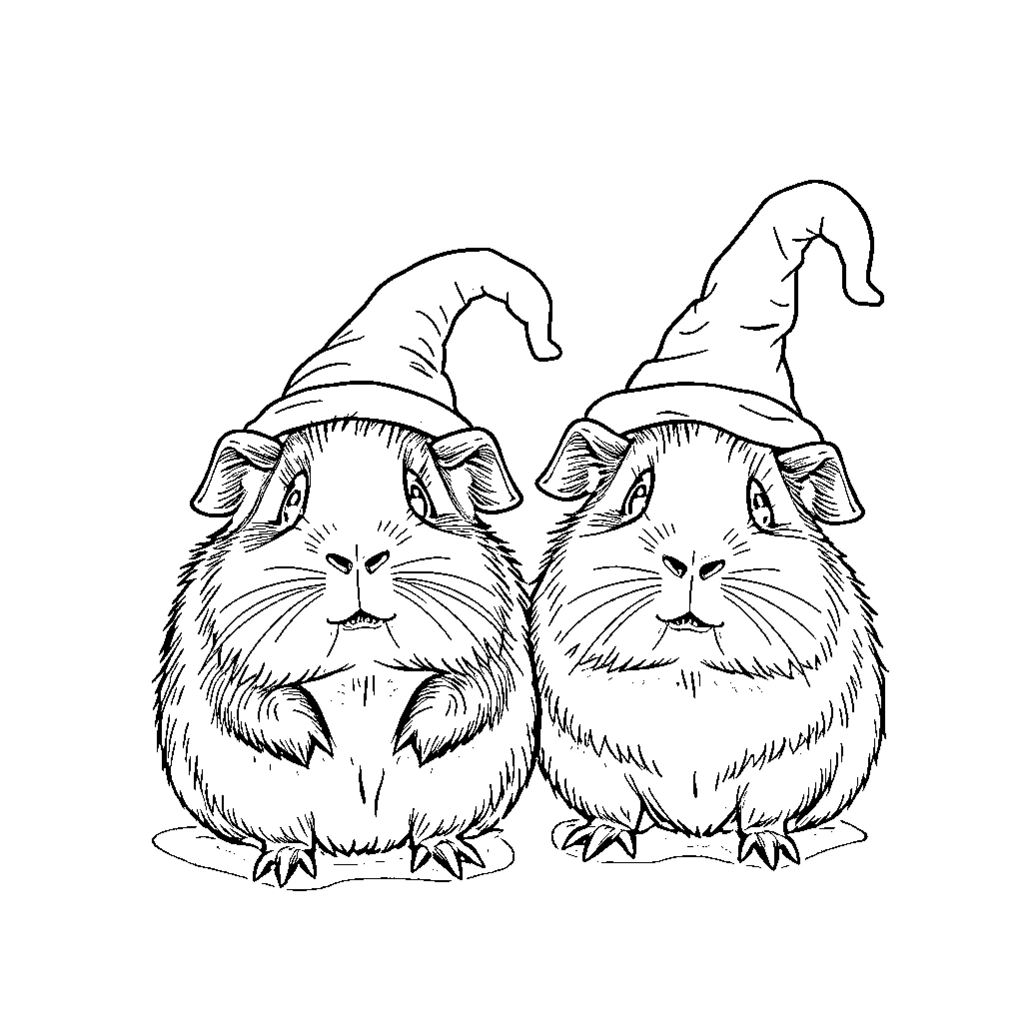 Guinea Pigs in Wizard Hats Coloring Page (free black-and-white line drawing printable PDF for all, from beginners to advanced learners, including children, teens, adults, and seniors)