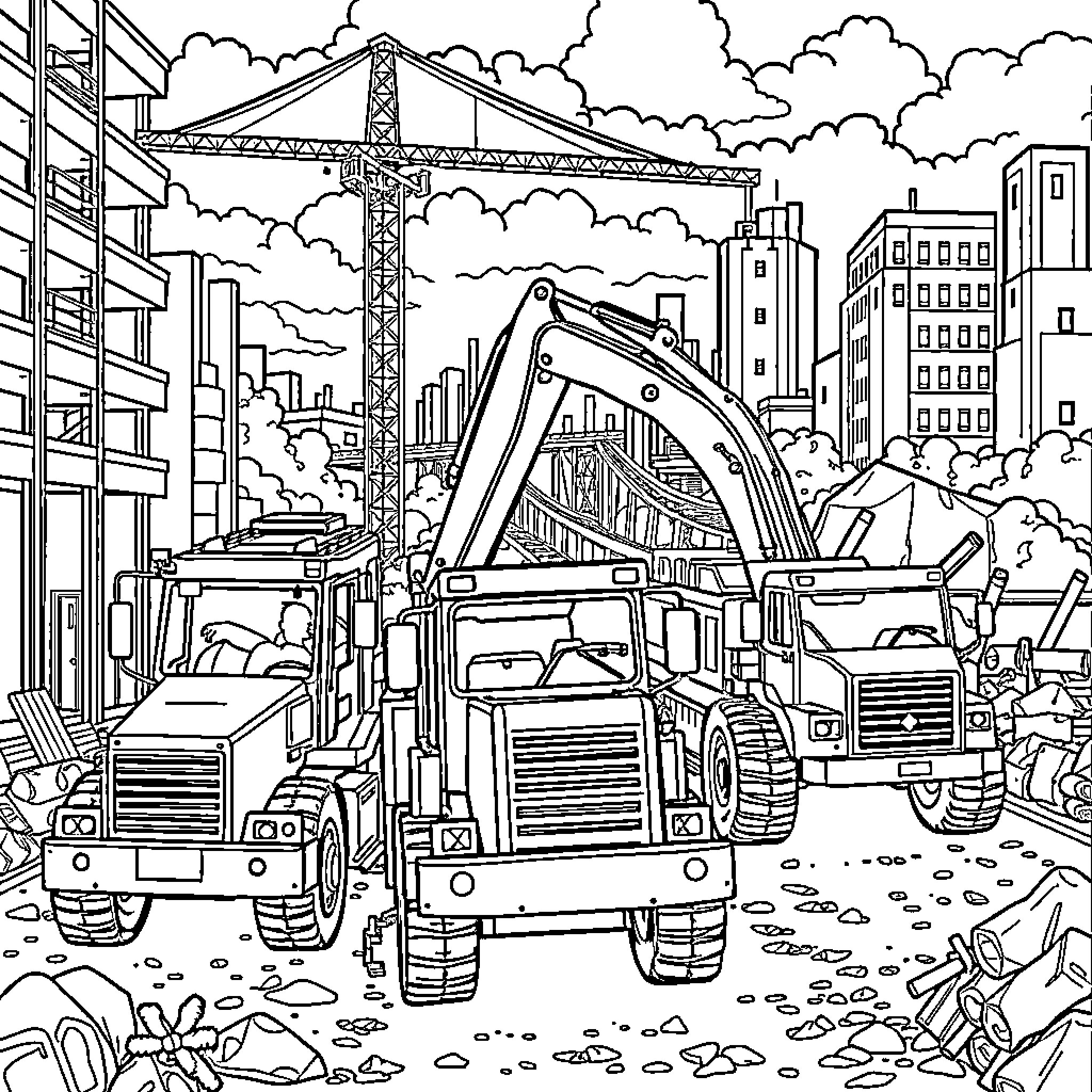 Construction Vehicles at Work in a Busy Urban Site Coloring Page (free black-and-white line drawing printable PDF for all, from beginners to advanced learners, including children, teens, adults, and seniors)