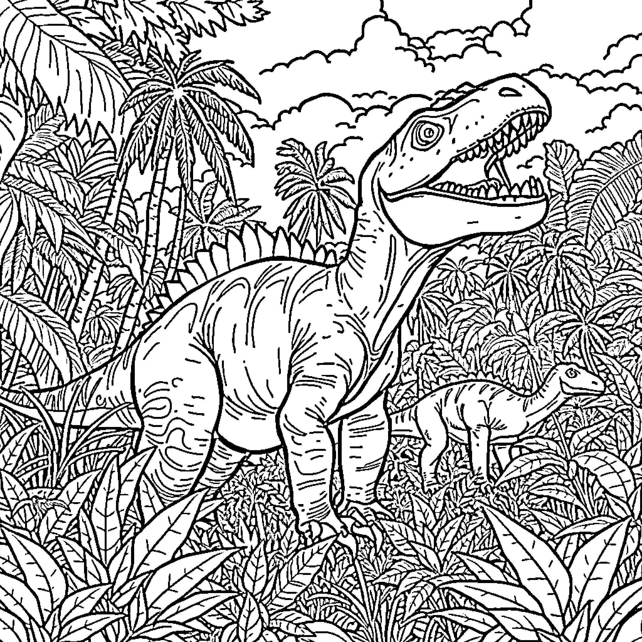 Dinosaurs exploring lush prehistoric landscape Coloring Page (free black-and-white line drawing printable PDF for all, from beginners to advanced learners, including children, teens, adults, and seniors)