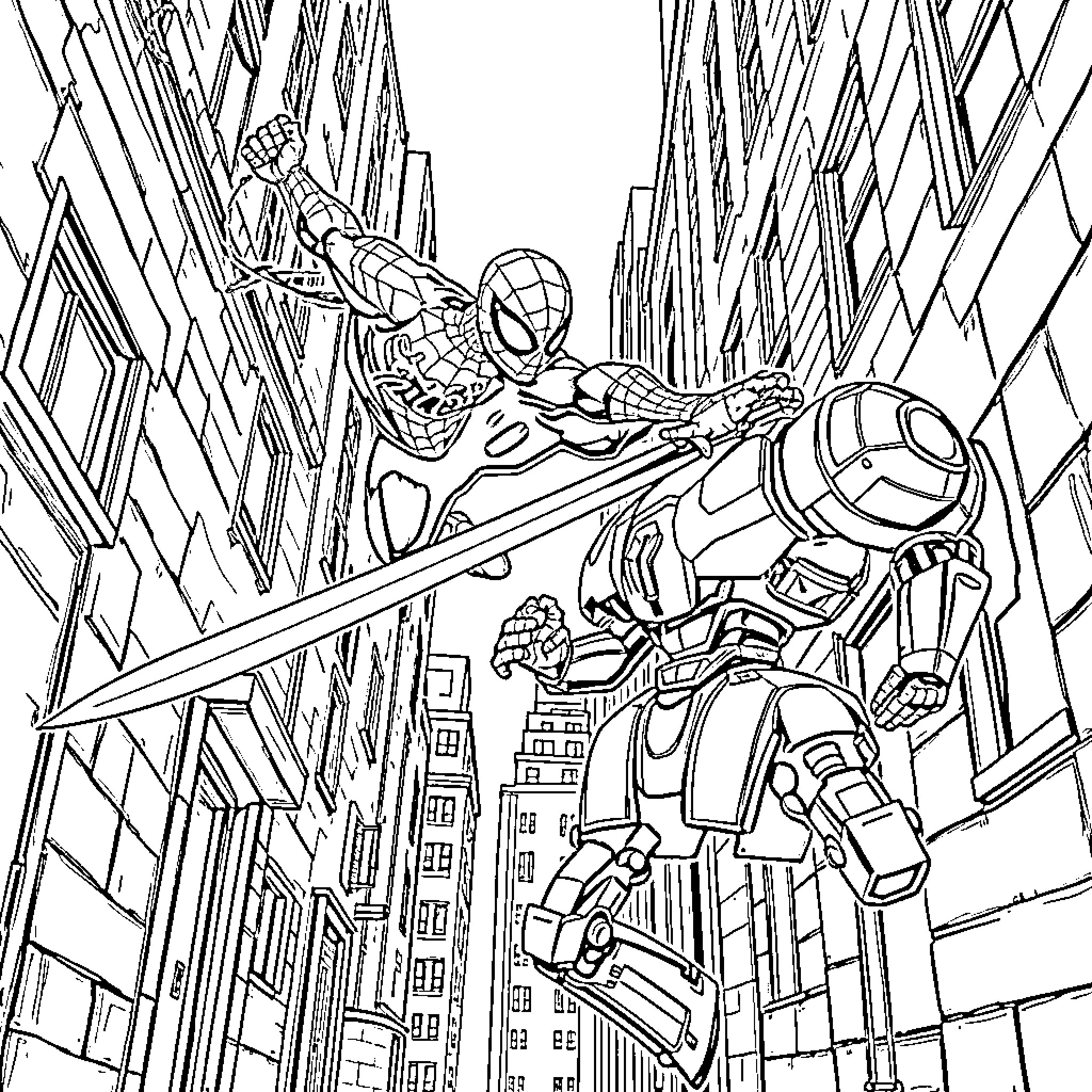 Spidey web-swings through the city skyline Coloring Page (free black-and-white line drawing printable PDF for all, from beginners to advanced learners, including children, teens, adults, and seniors)