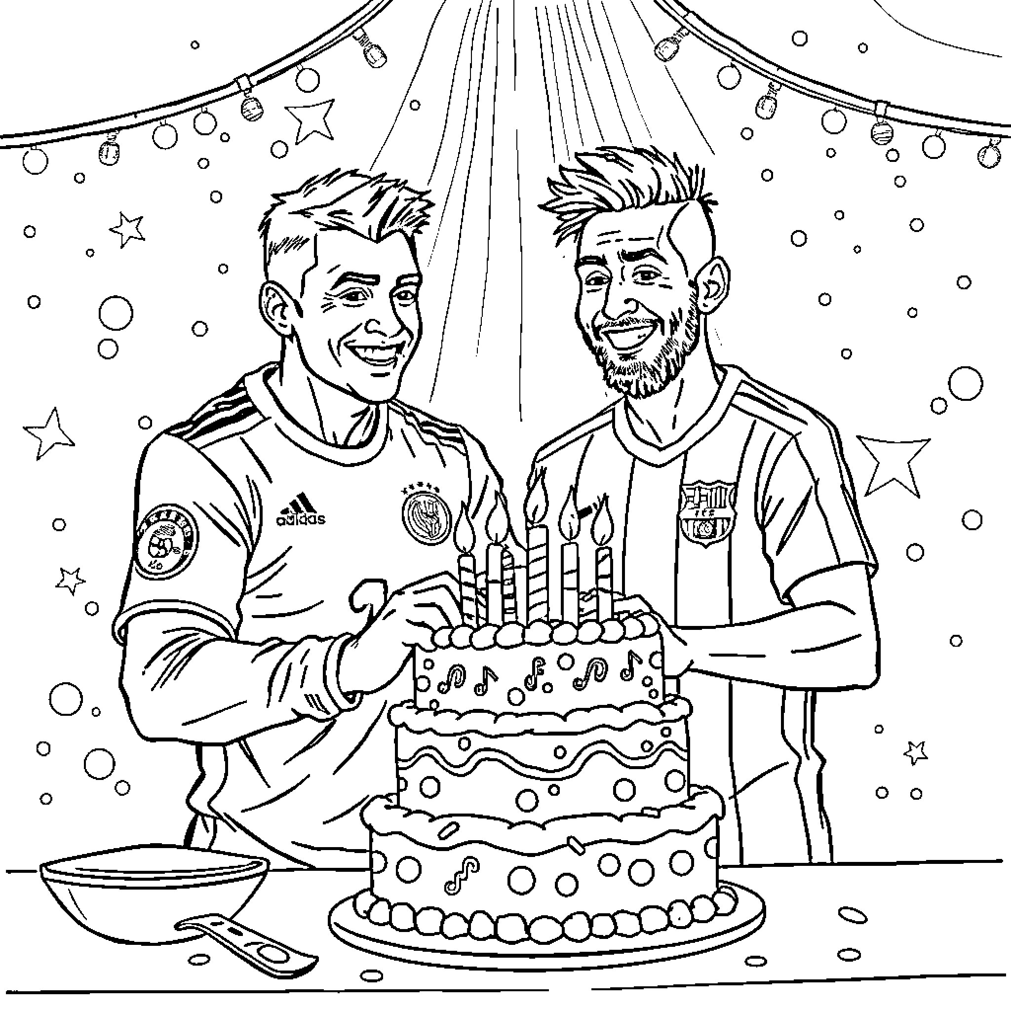 Ronaldo and Messi celebrating birthday party Coloring Page (free black-and-white line drawing printable PDF for all, from beginners to advanced learners, including children, teens, adults, and seniors)