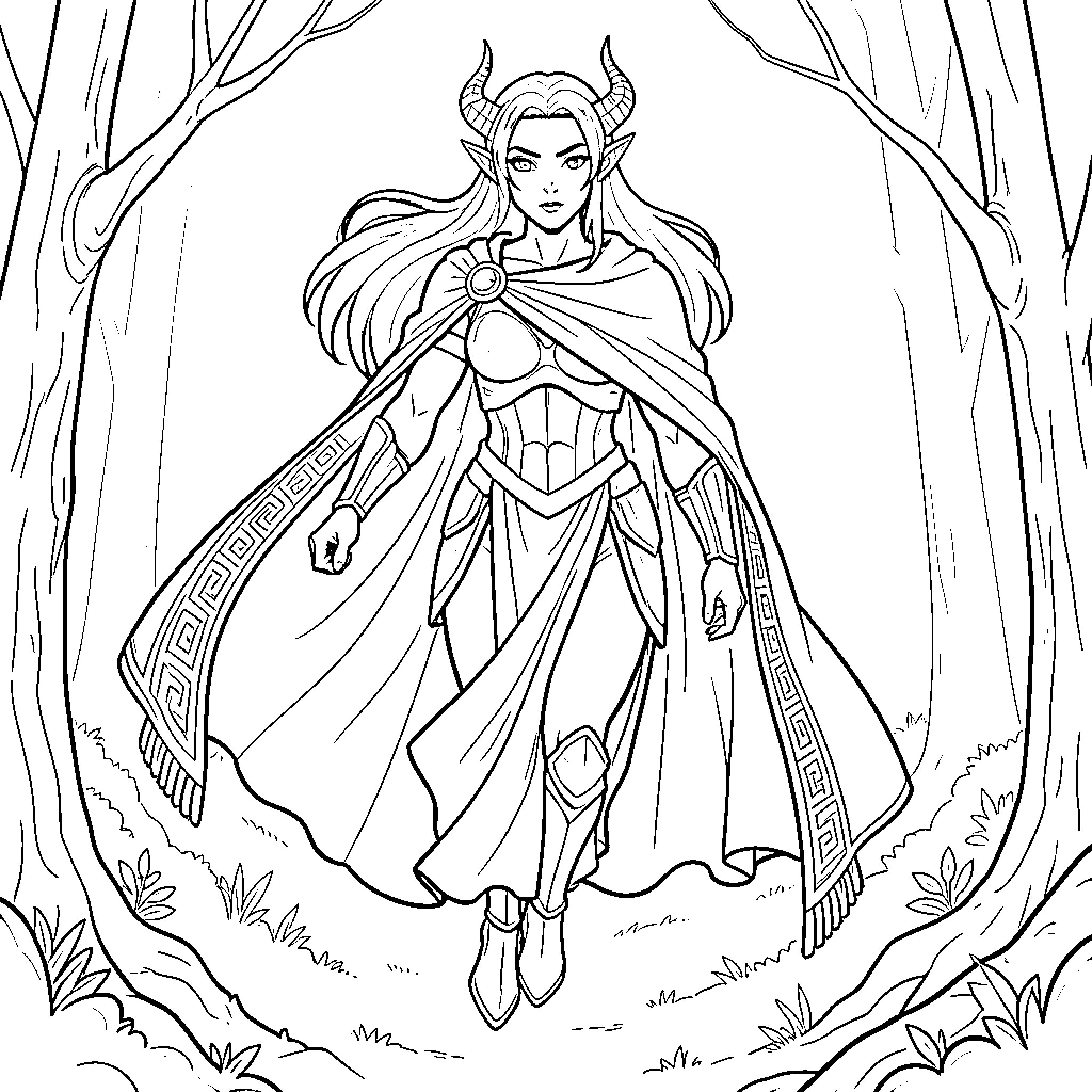 Warrior woman with horns wearing flowing cape and armor Coloring Page (free black-and-white line drawing printable PDF for all, from beginners to advanced learners, including children, teens, adults, and seniors)