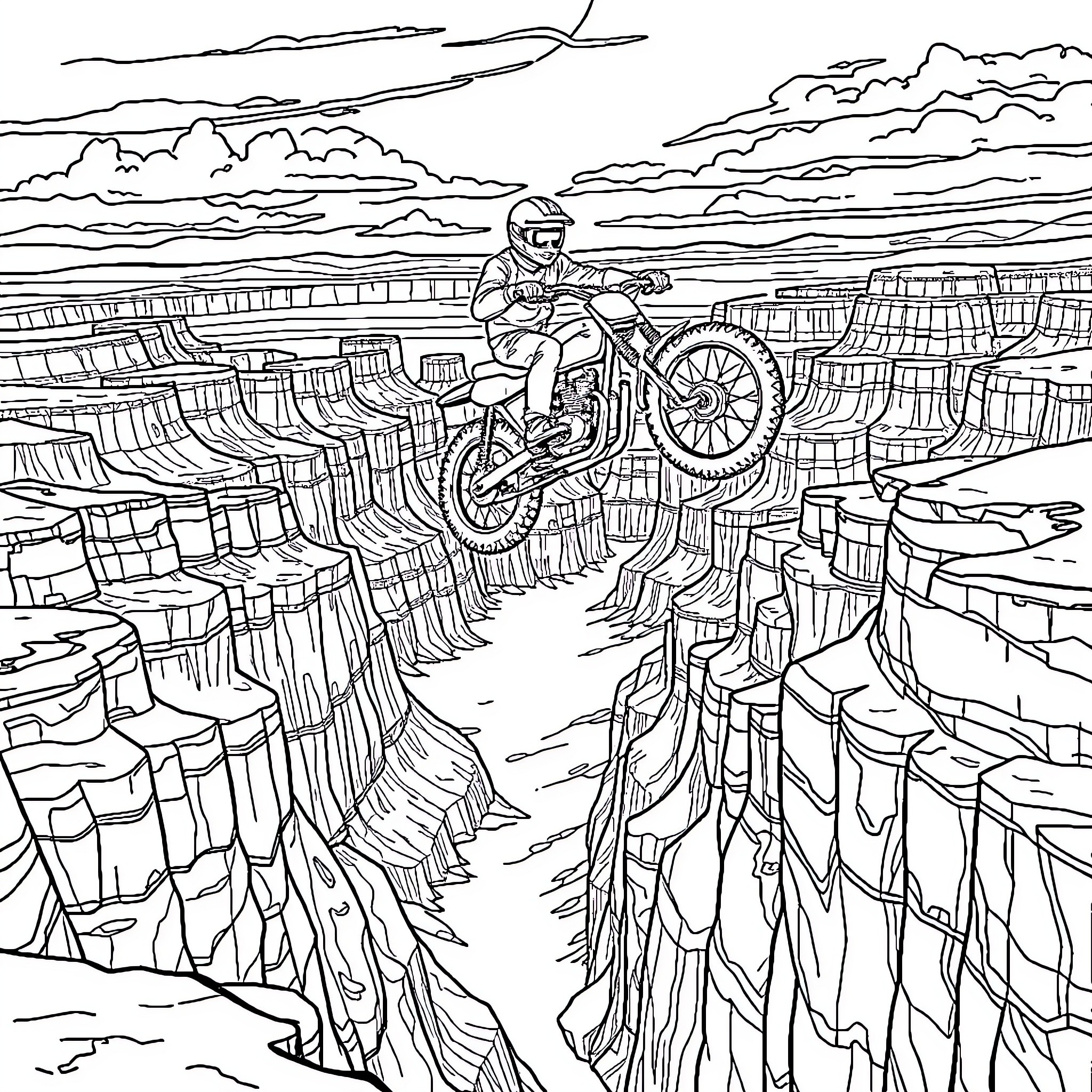 Evel Knievel's Daring Motorcycle Jump over Treacherous Canyons Coloring Page (free black-and-white line drawing printable PDF for all, from beginners to advanced learners, including children, teens, adults, and seniors)