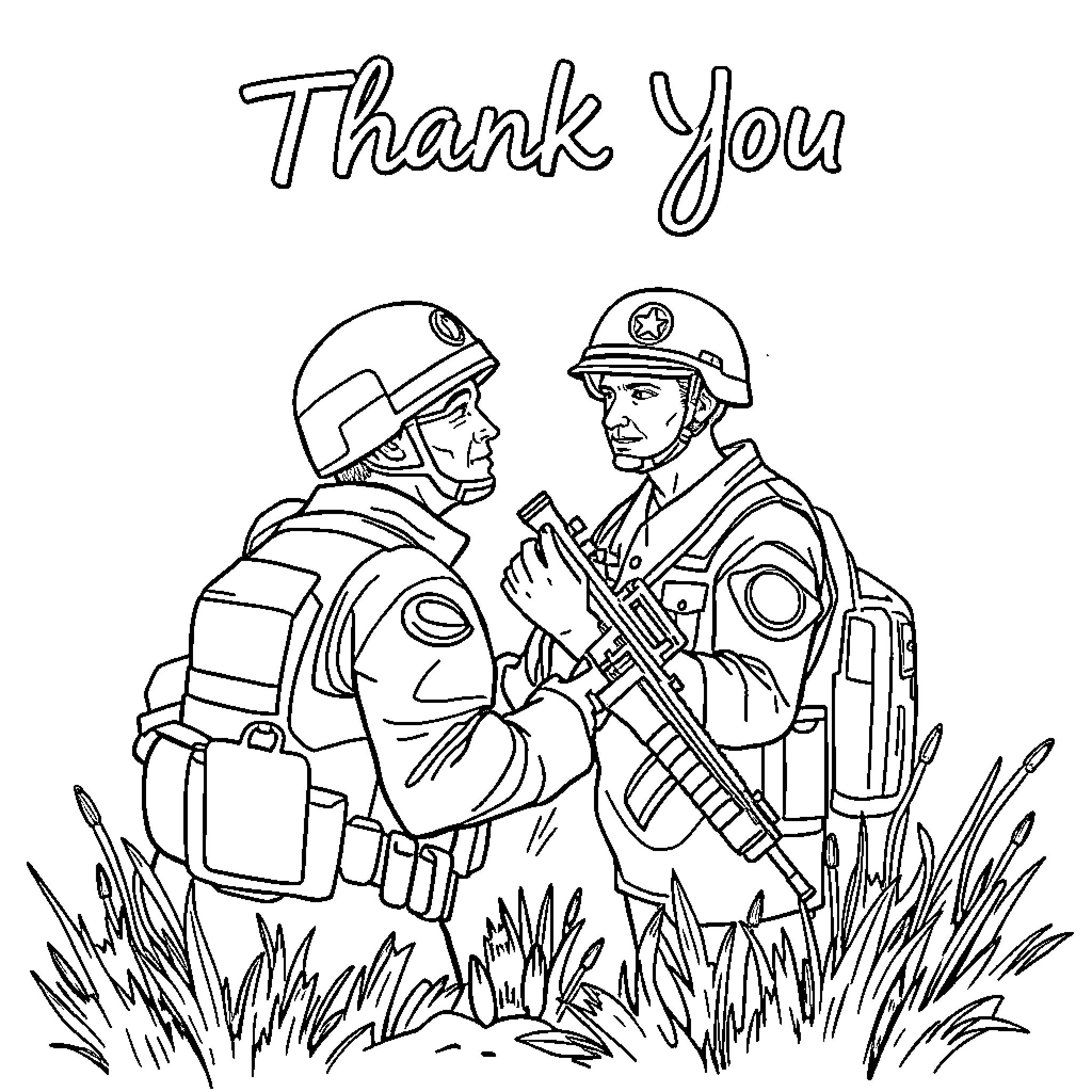 Army Soldiers Expressing Gratitude in Battlefield Coloring Page (free black-and-white line drawing printable PDF for all, from beginners to advanced learners, including children, teens, adults, and seniors)