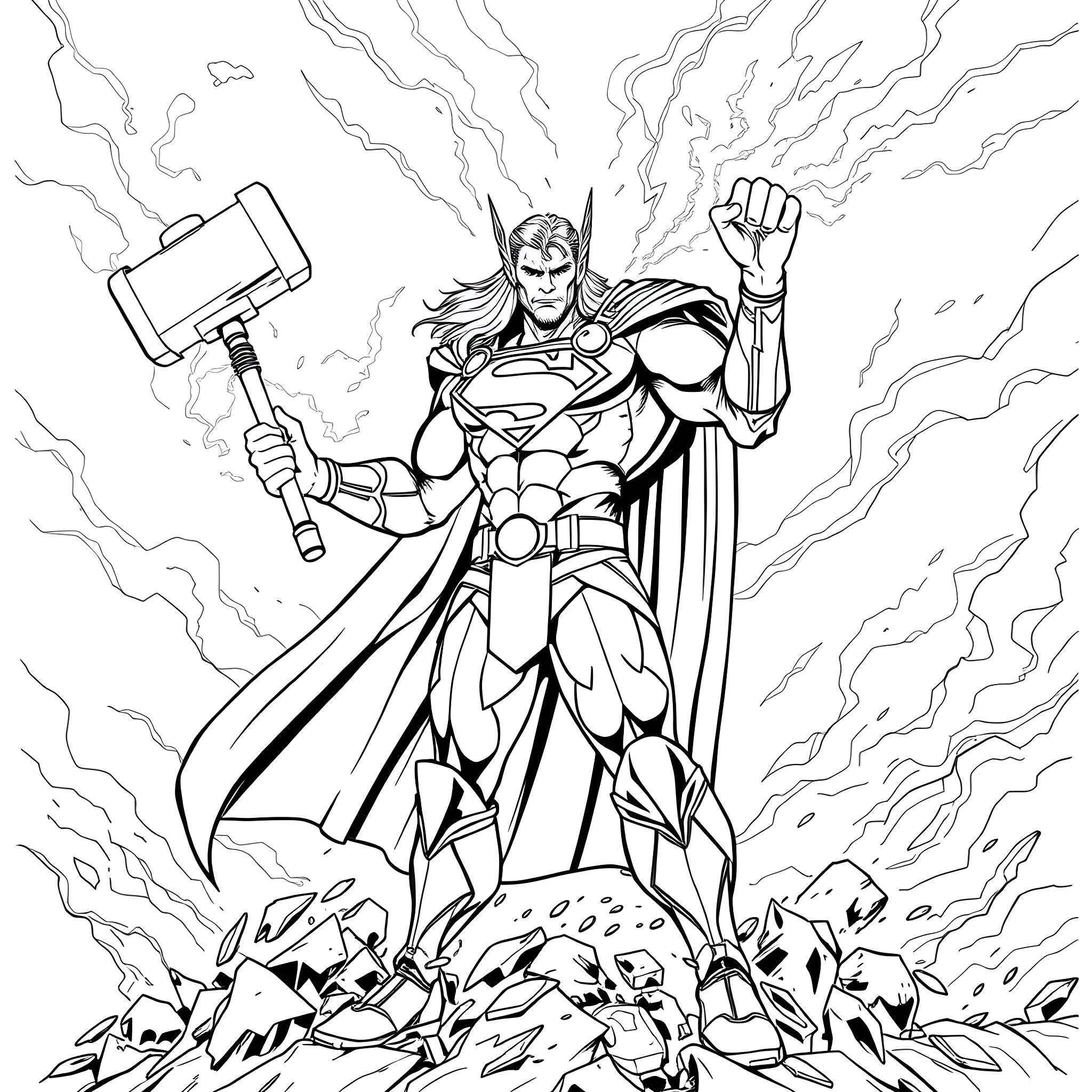Thor Wielding Mighty Hammer with Heroic Pose Coloring Page (free black-and-white line drawing printable PDF for all, from beginners to advanced learners, including children, teens, adults, and seniors)