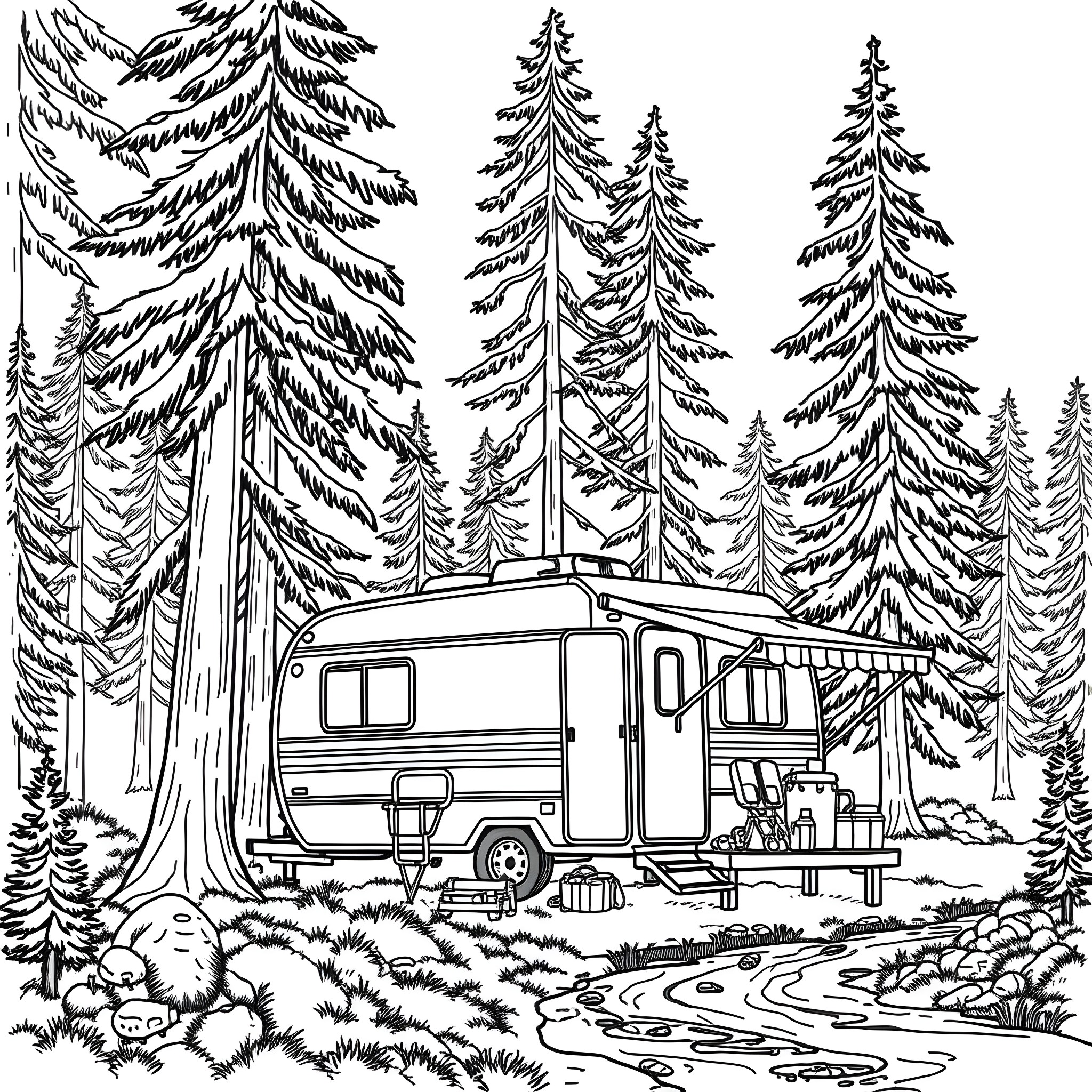 Trailer camping in snowy pine forest Coloring Page (free black-and-white line drawing printable PDF for all, from beginners to advanced learners, including children, teens, adults, and seniors)