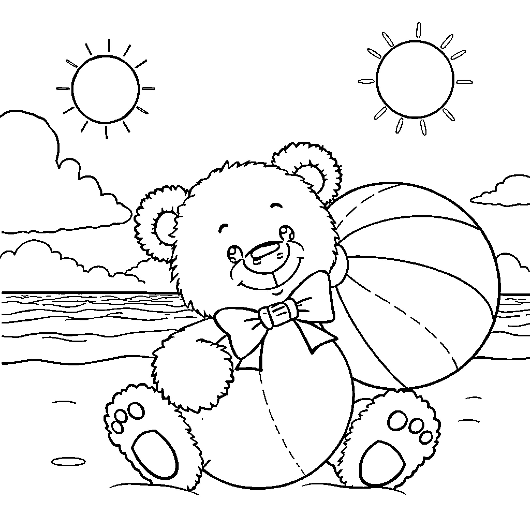 Teddy Bear playing on the beach with a beach ball Coloring Page (free black-and-white line drawing printable PDF for all, from beginners to advanced learners, including children, teens, adults, and seniors)