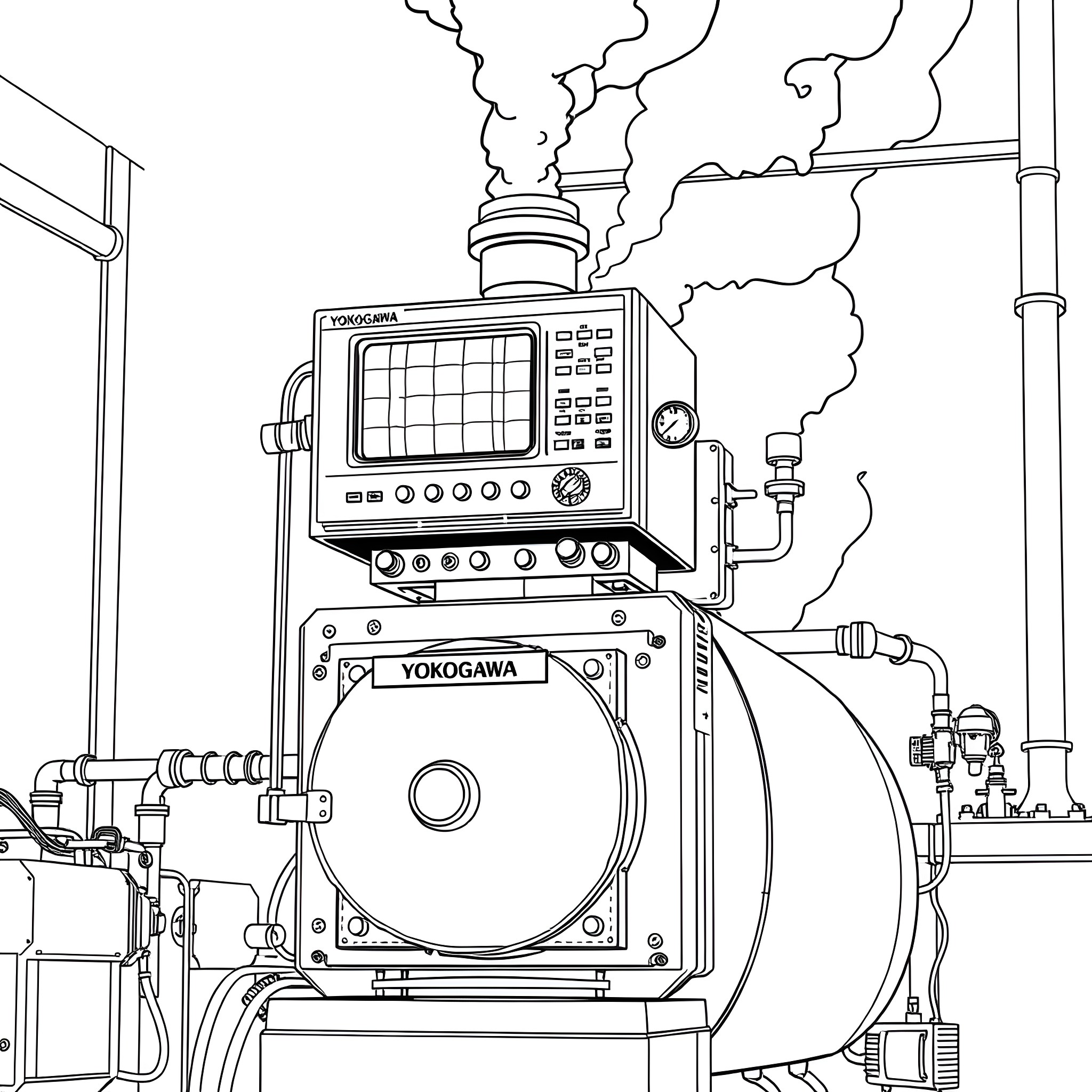 Yokogawa Instrument monitoring and analyzing industrial equipment Coloring Page (free black-and-white line drawing printable PDF for all, from beginners to advanced learners, including children, teens, adults, and seniors)