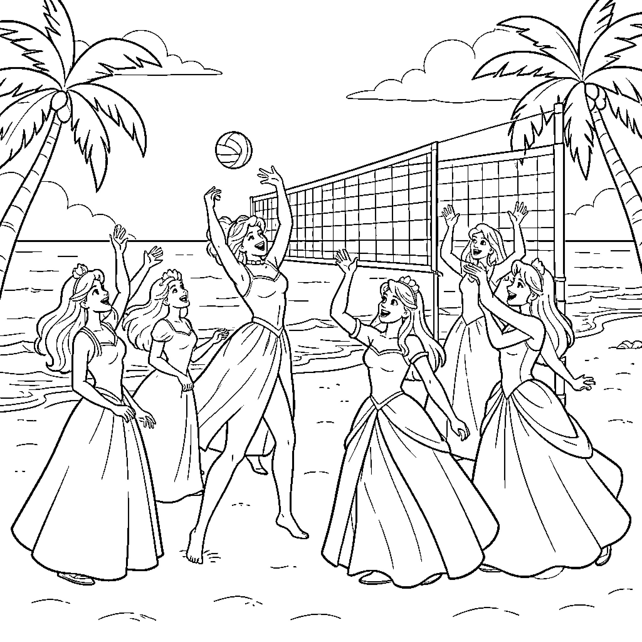 Disney Princesses playing volleyball on a tropical beach Coloring Page (free black-and-white line drawing printable PDF for all, from beginners to advanced learners, including children, teens, adults, and seniors)